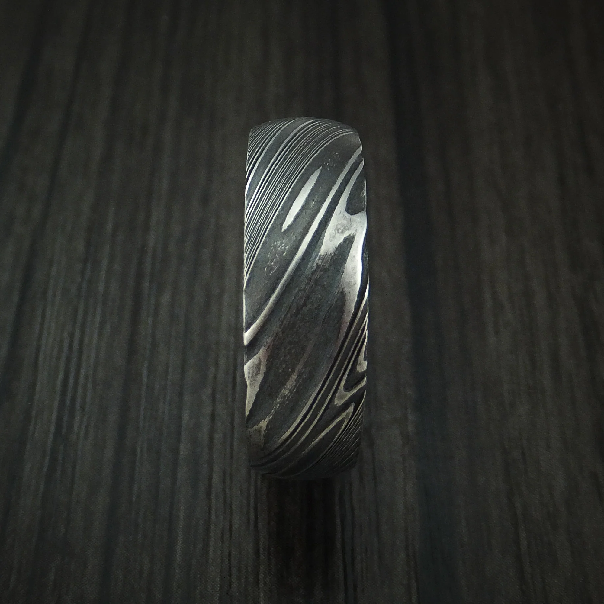 Woodgrain Kuro Damascus Steel Men's Ring with Hardwood Sleeve Custom Made Wood Band - Image 3