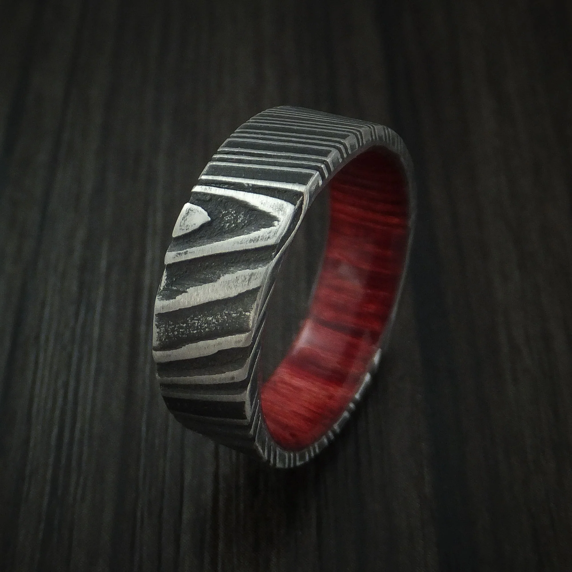 Woodgrain Kuro Damascus Steel Men's Ring with Red Heart Wood Hardwood Sleeve Custom Made Wood Band - Image 4