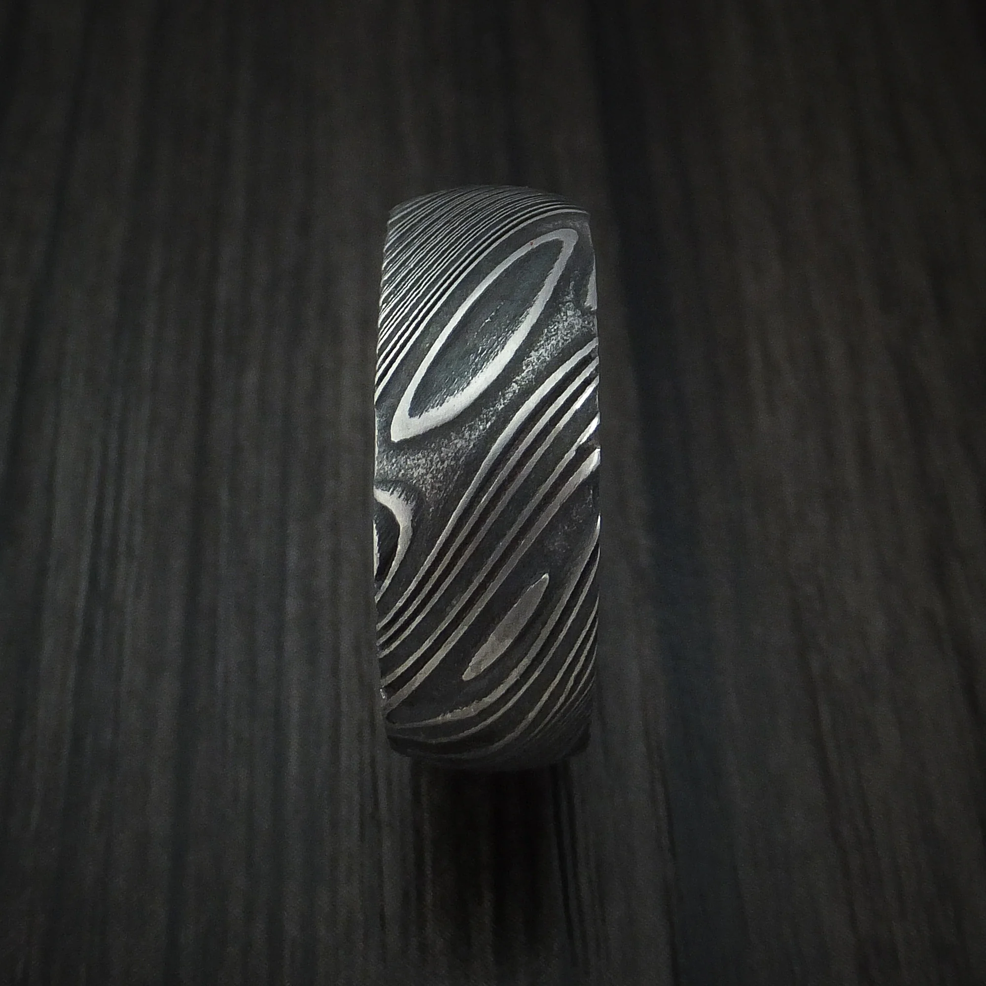 Woodgrain Kuro Damascus Steel Men's Ring with Hardwood Sleeve Custom Made Wood Band - Image 3