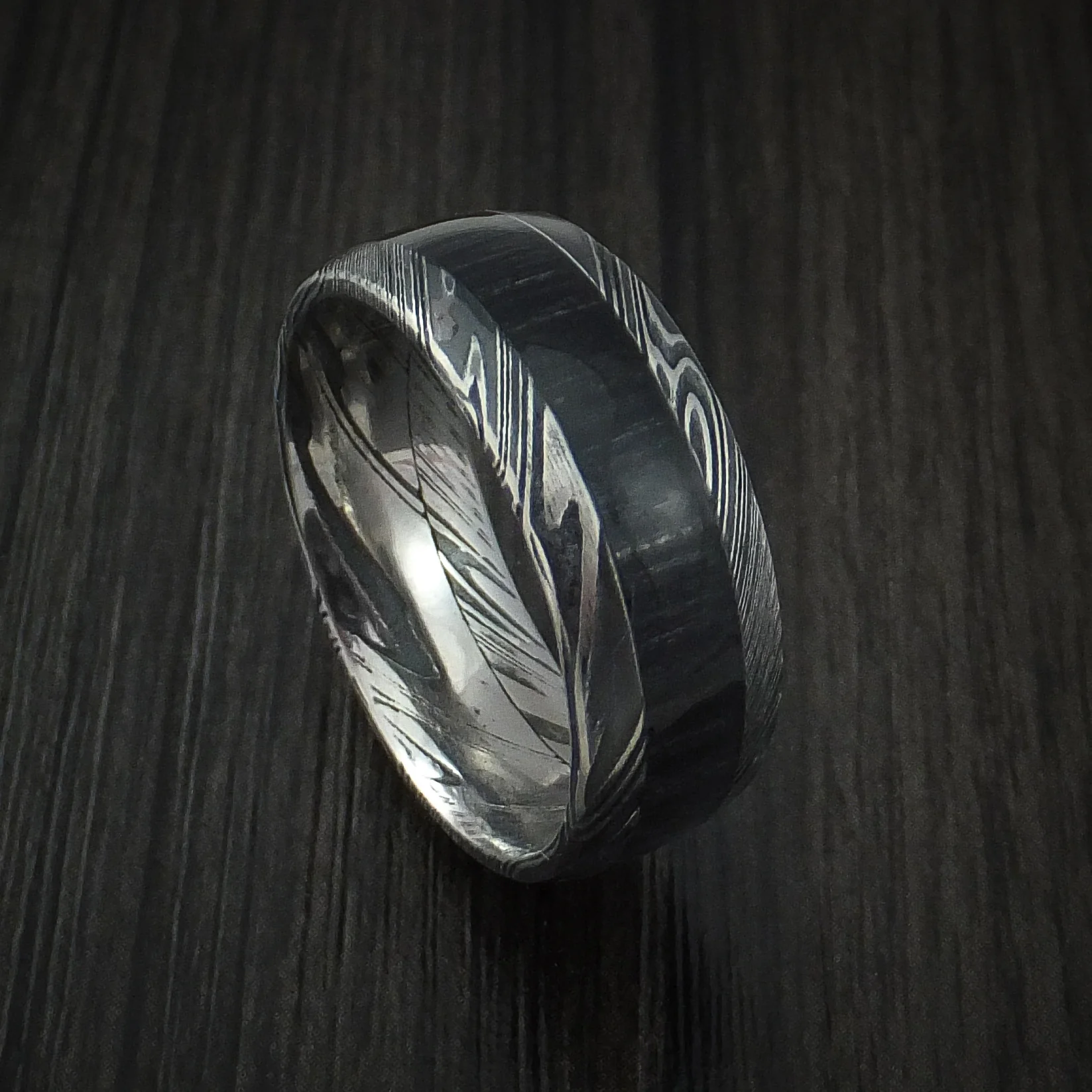 Woodgrain Kuro Damascus Steel Men's Ring with Charcoal Hardwood Inlay Custom Made Band