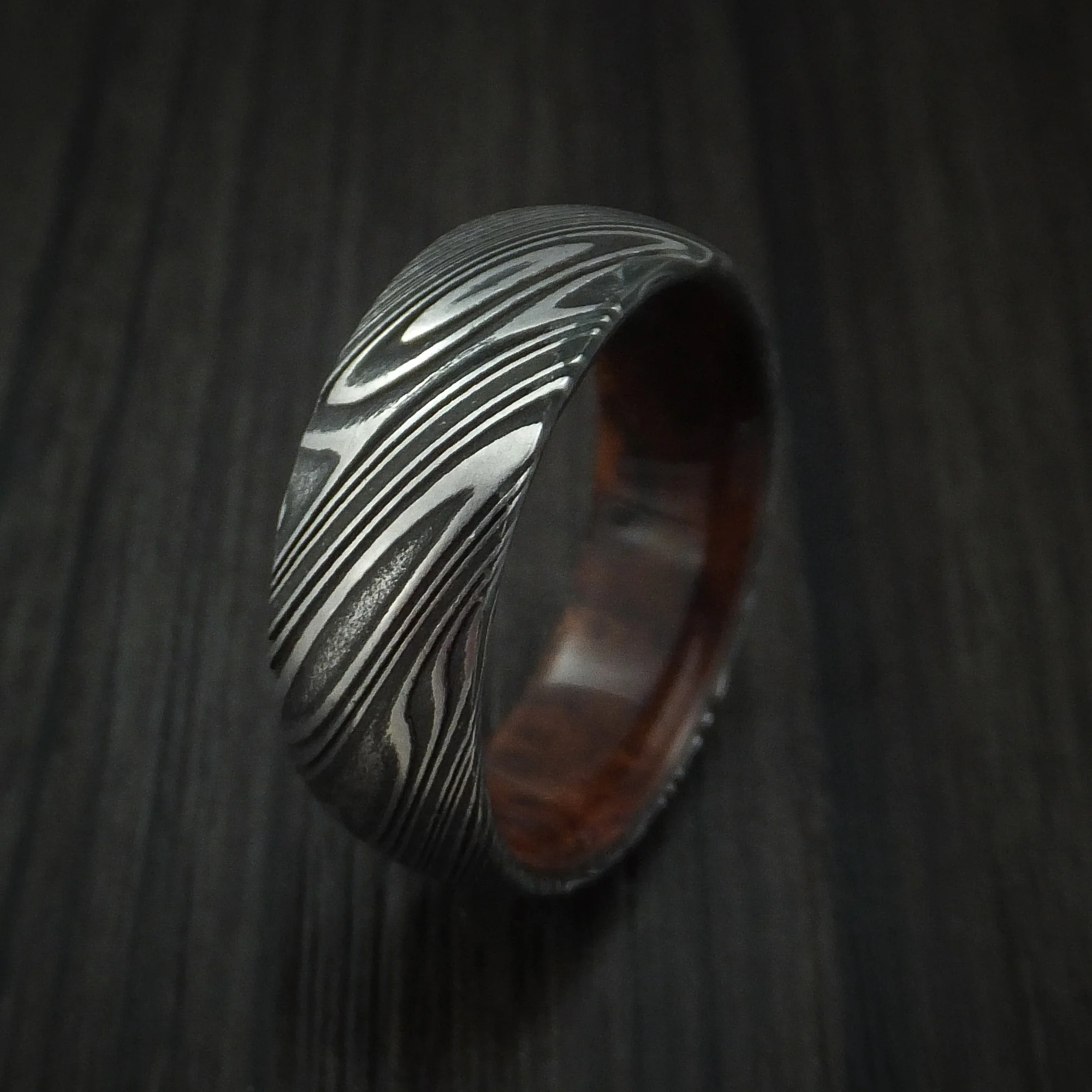 Woodgrain Kuro Damascus Steel Men's Ring with Hardwood Sleeve Custom Made Wood Band - Image 4