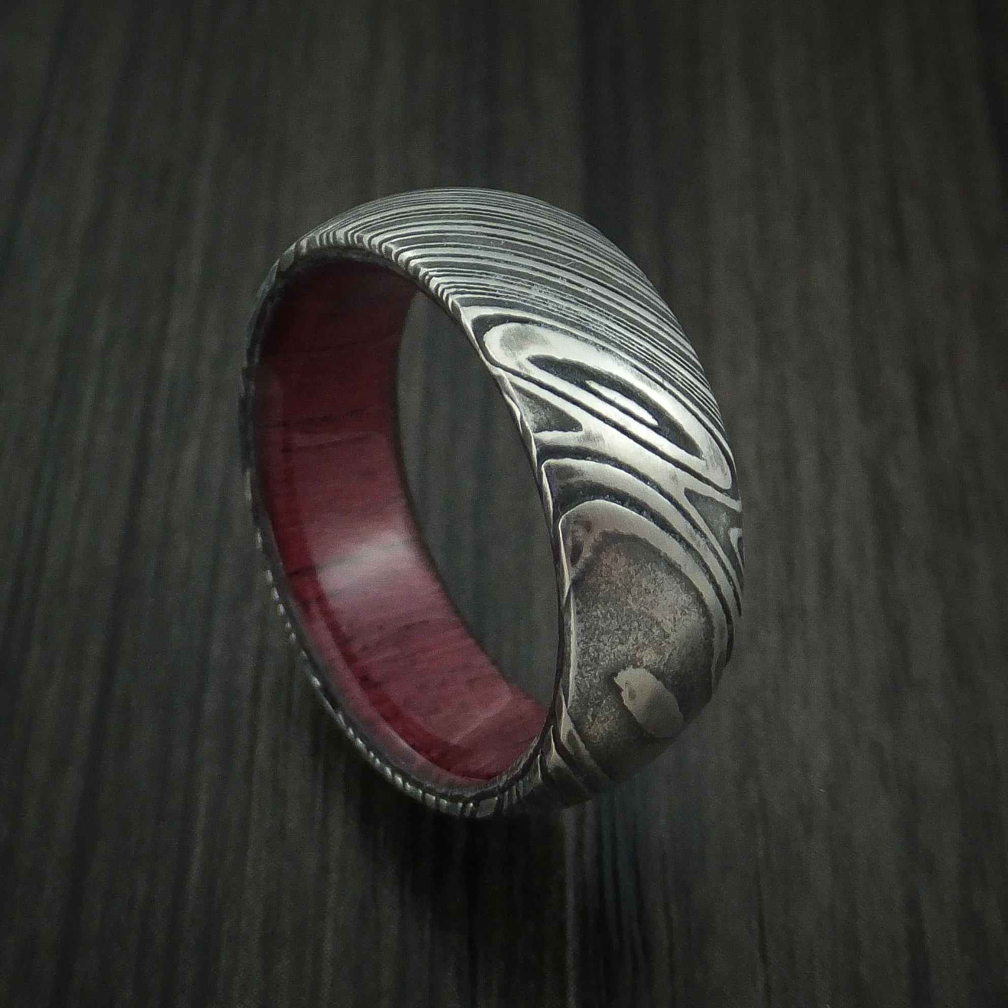 Woodgrain Kuro Damascus Steel Men's Ring with Purple Heart Wood Hardwood Sleeve Custom Made Wood Band