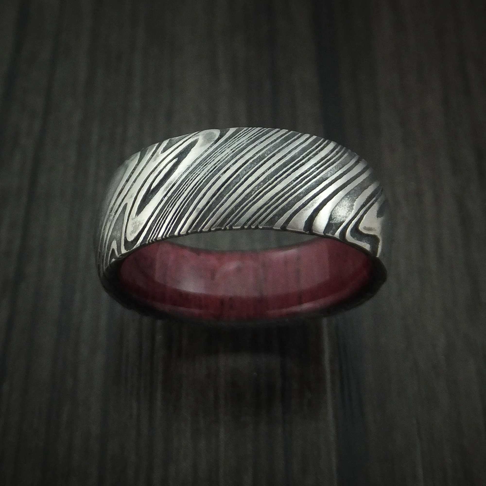 Woodgrain Kuro Damascus Steel Men's Ring with Purple Heart Wood Hardwood Sleeve Custom Made Wood Band - Image 2