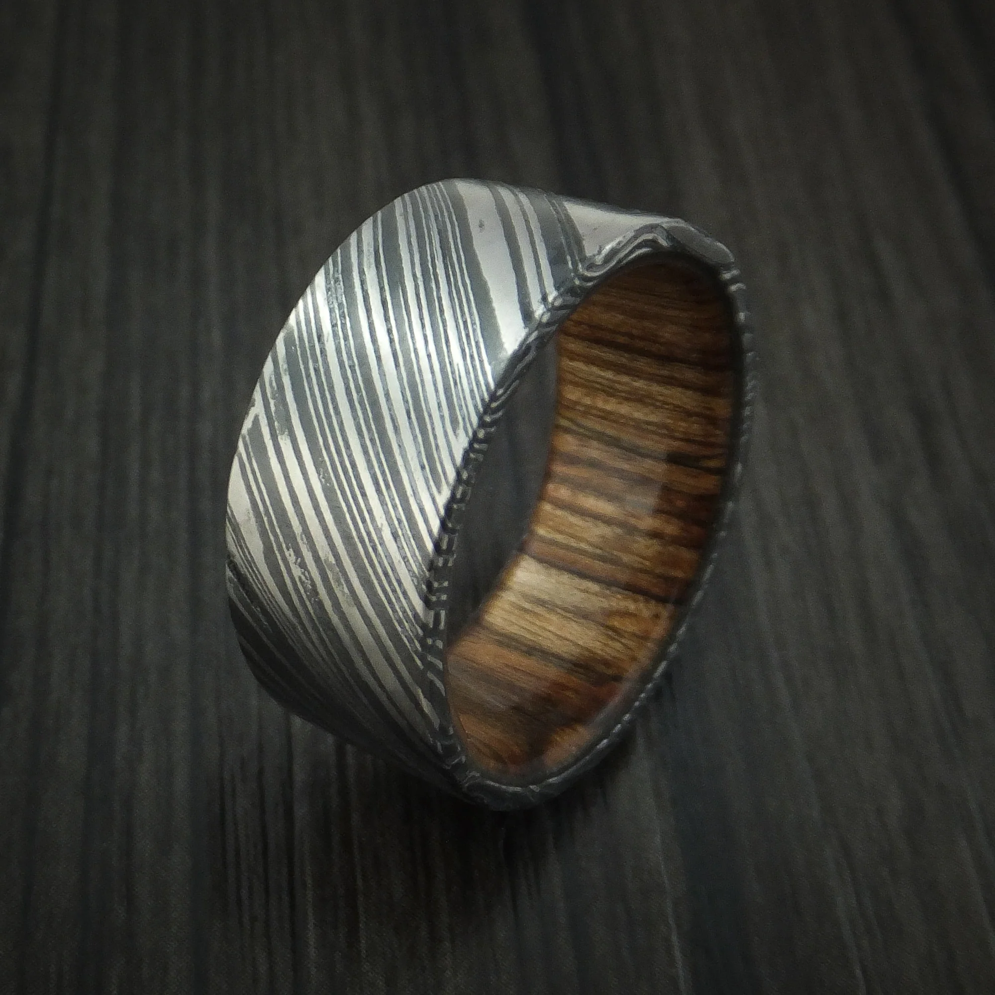 Woodgrain Kuro Damascus Steel Men's Ring with Walnut Wood Hardwood Sleeve Custom Made Wood Band - Image 4