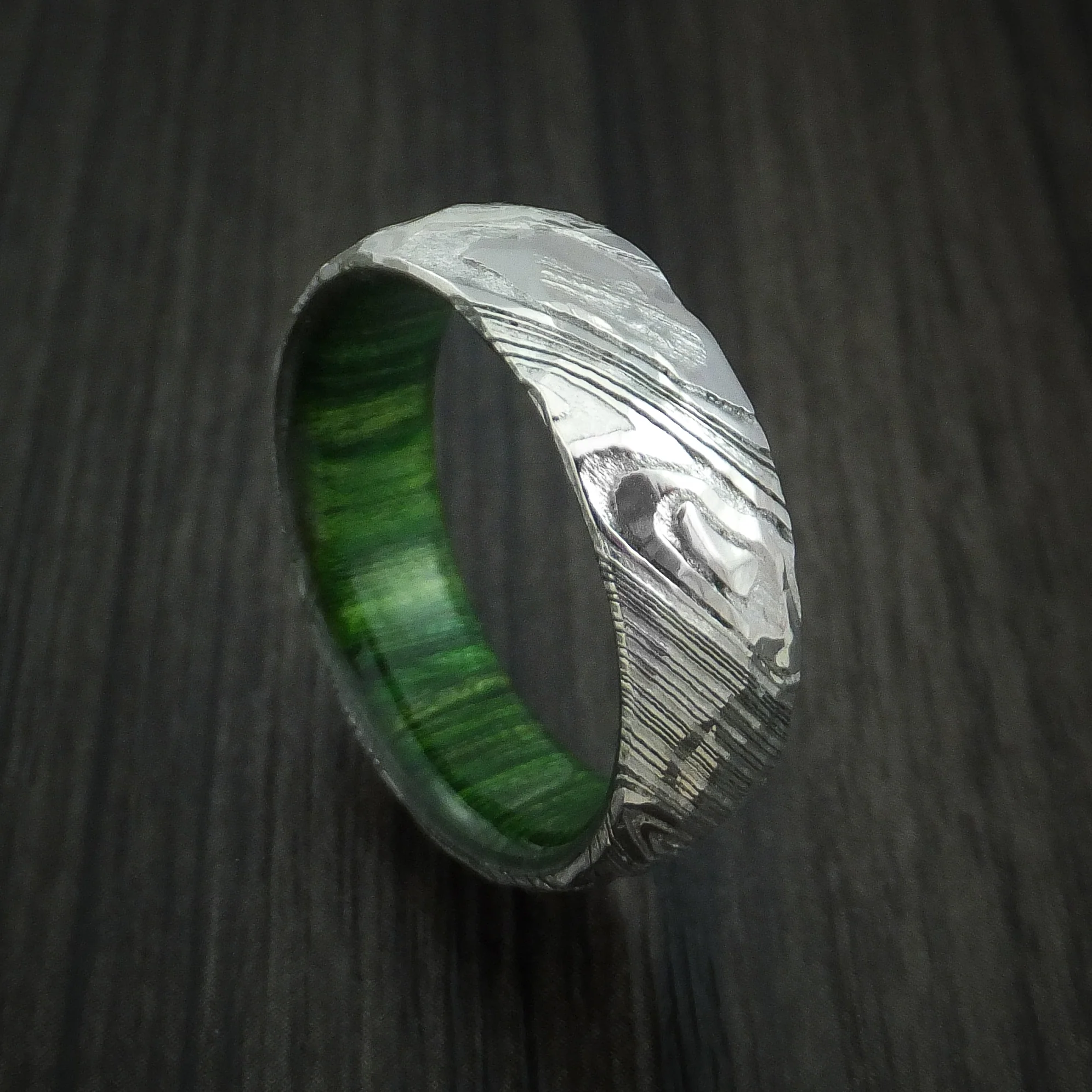 Woodgrain Kuro Damascus Steel Rock Hammer Men's Ring with Jade Wood Sleeve Custom Made