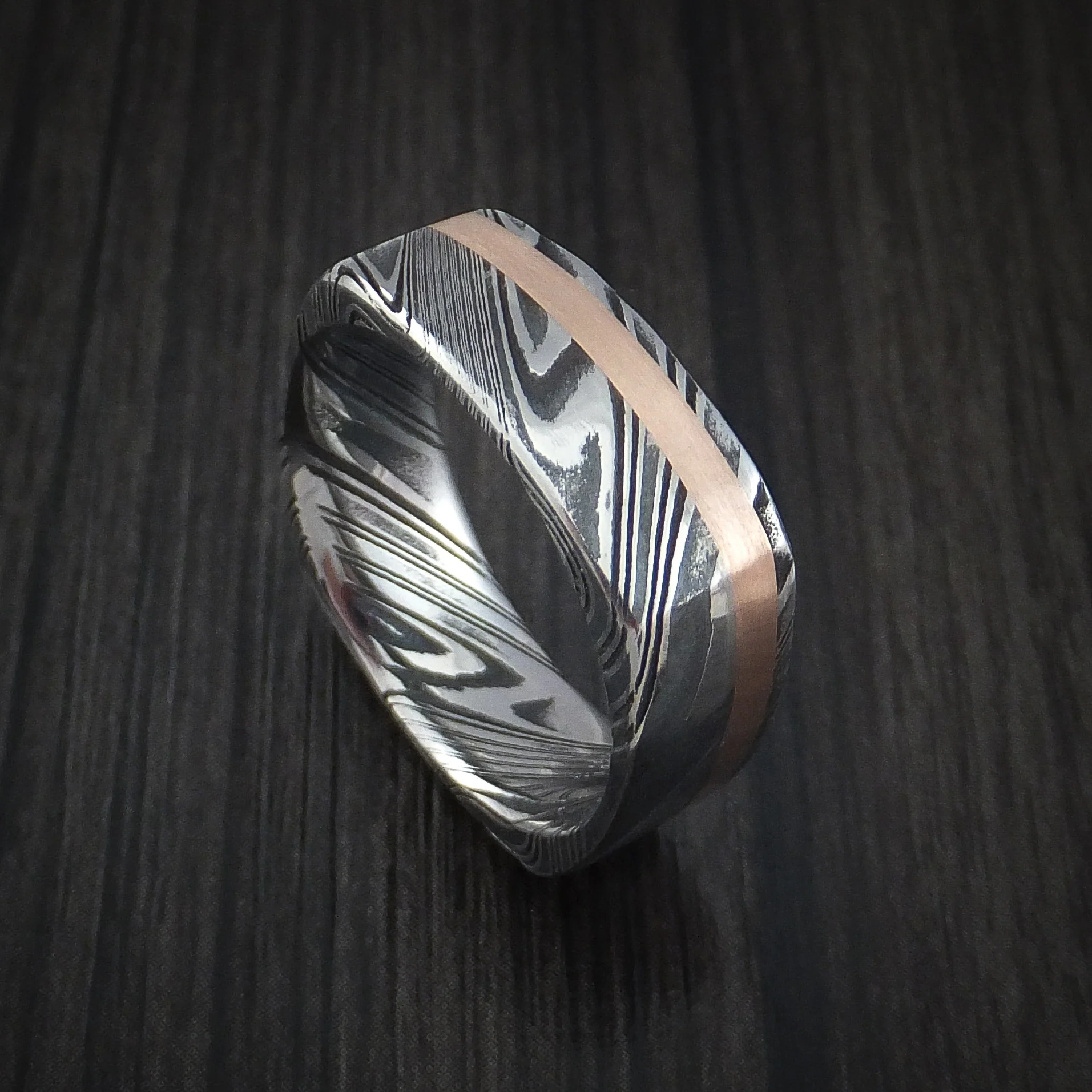 Woodgrain Kuro Damascus Steel Square Men's Ring with 14k Rose Gold Inlay Custom Made Band - Image 2