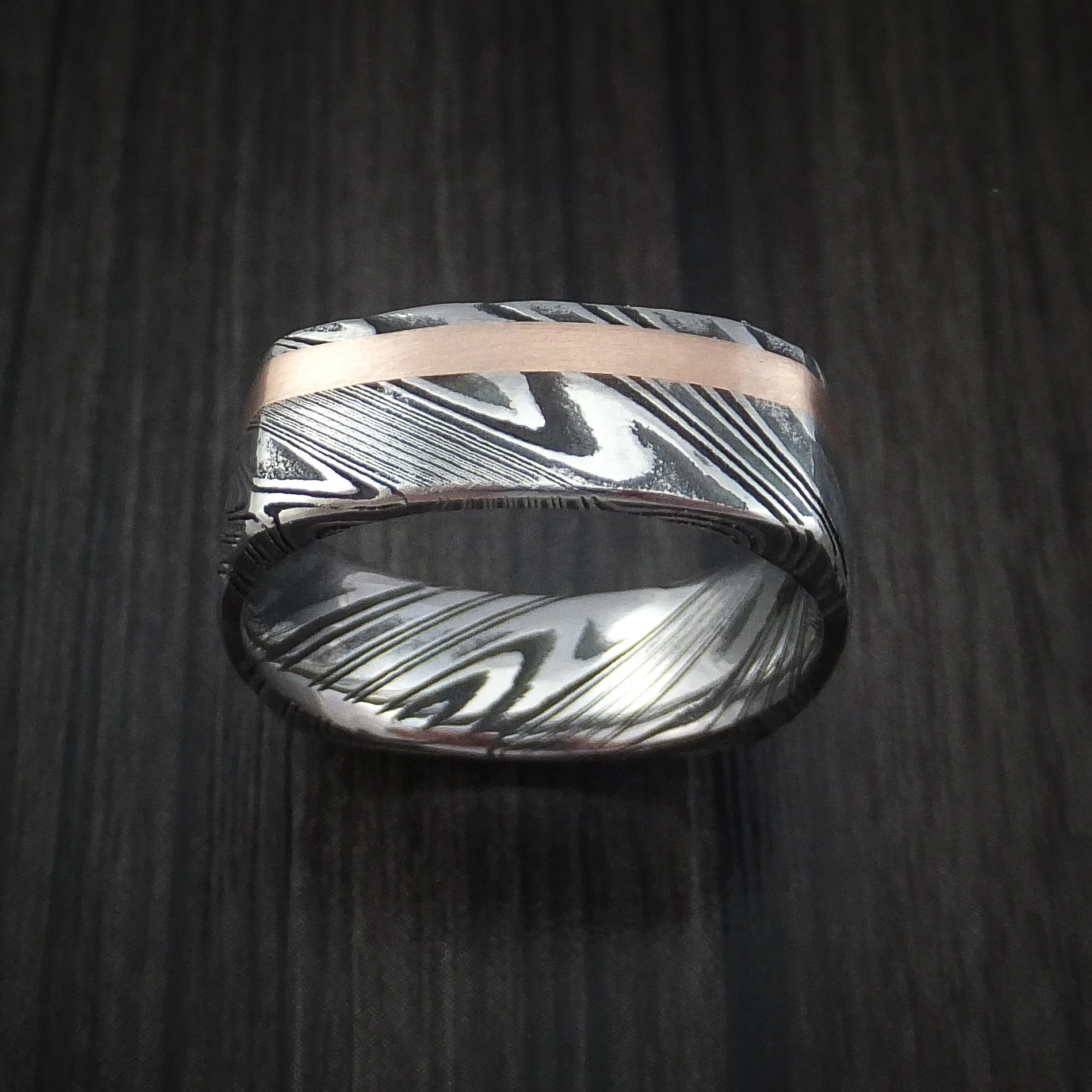 Woodgrain Kuro Damascus Steel Square Men's Ring with 14k Rose Gold Inlay Custom Made Band - Image 3
