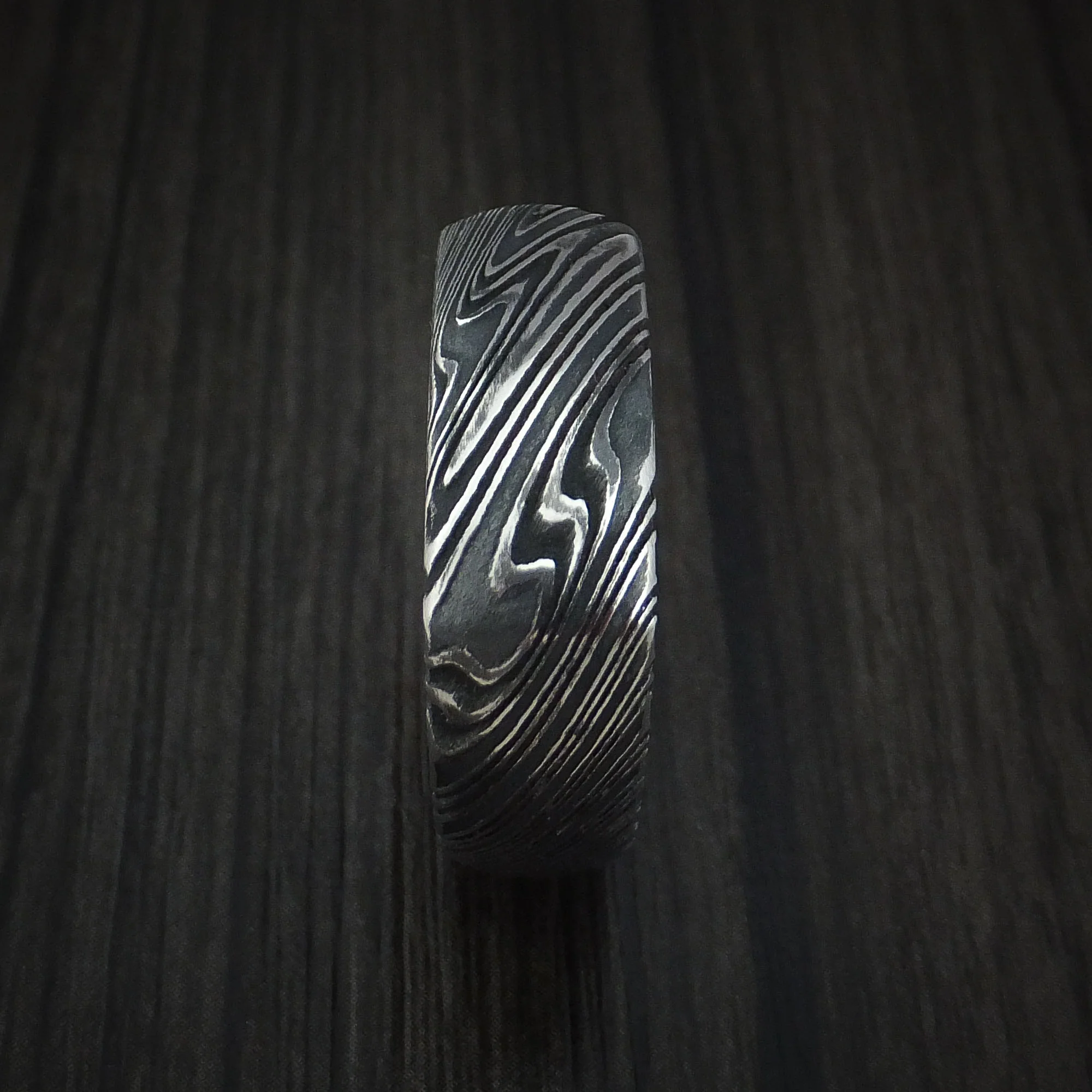 Woodgrain Kuro Damascus Steel Square Men's Ring with Cocobolo Hardwood Sleeve Custom Made Band - Image 3