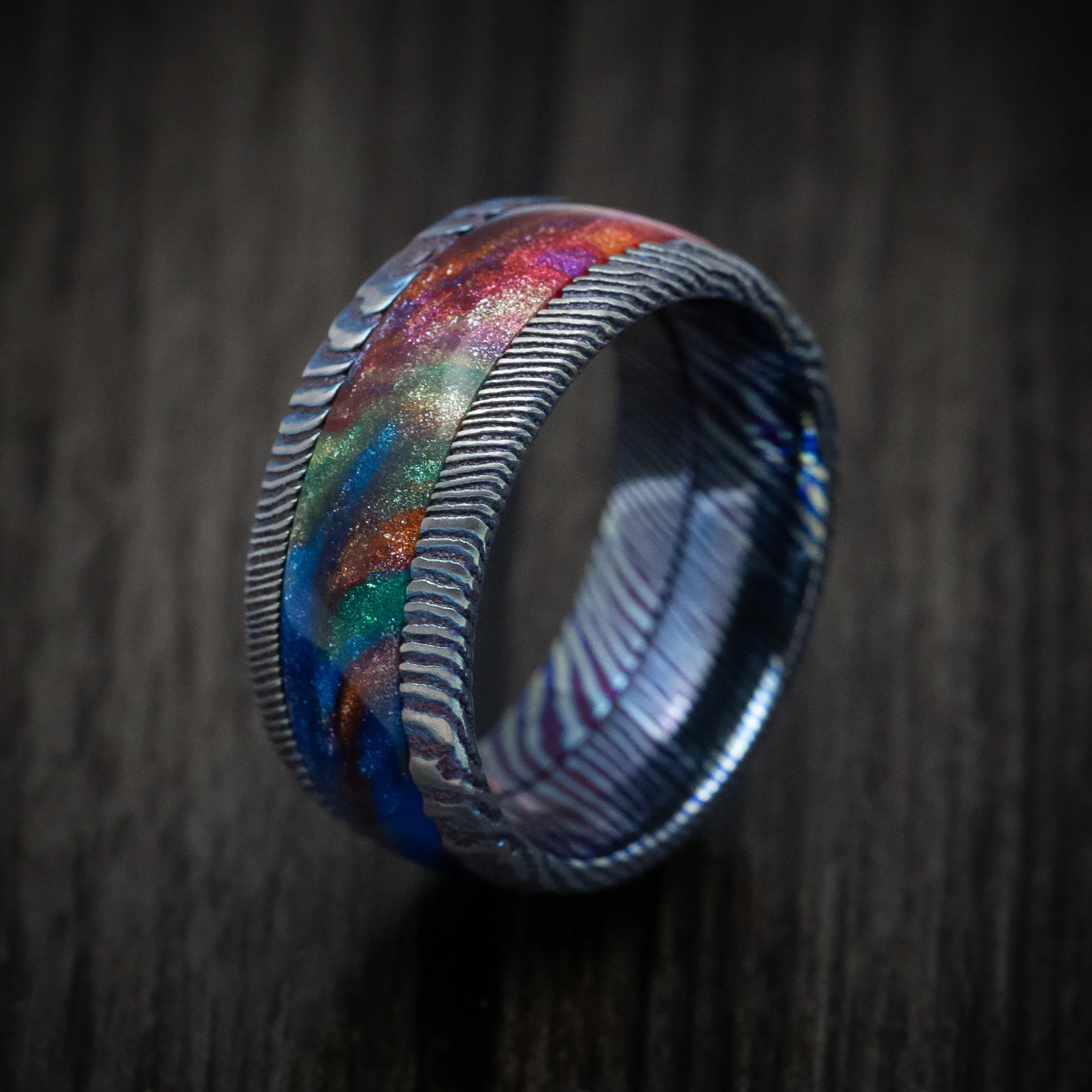 Kuro-Ti Heat-Treated Titanium Damascus and DiamondCast Inlay Men's Ring Custom Made - Image 4