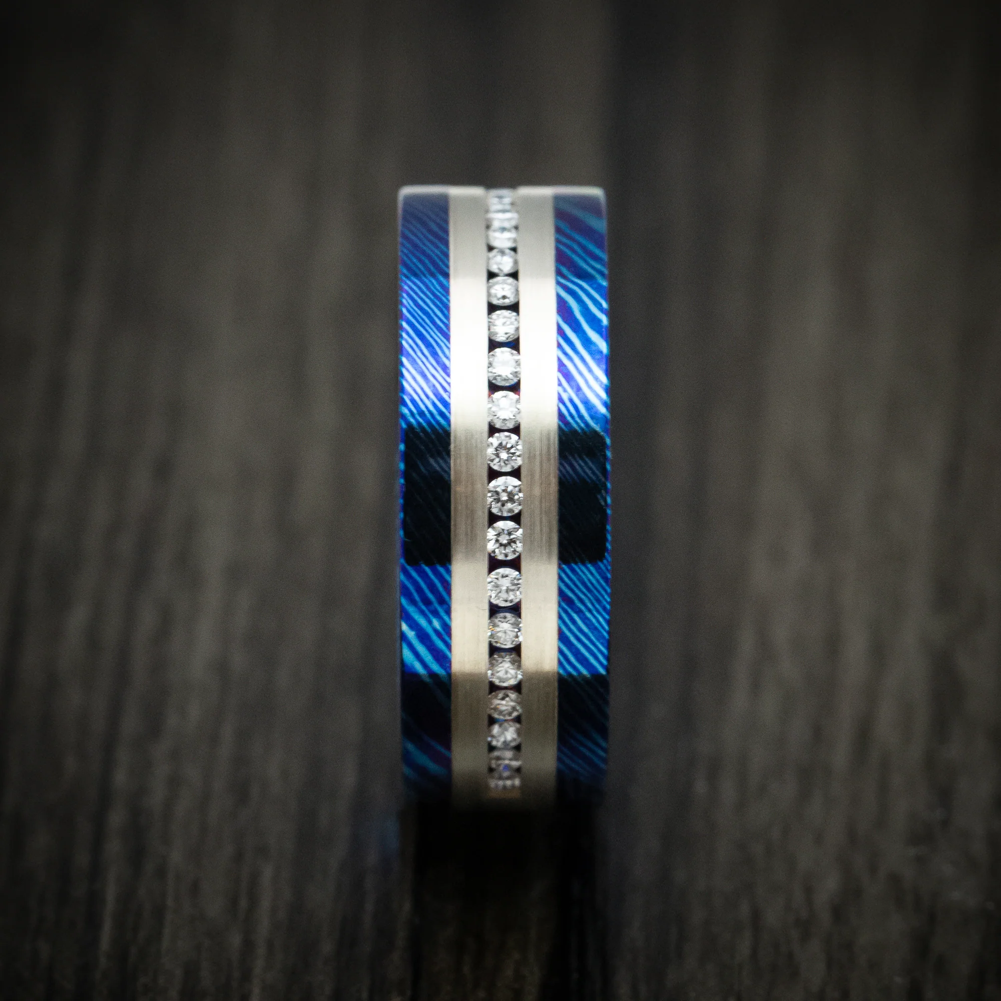 Kuro-Ti Heat-Treated Titanium Damascus Men's Ring with Silver Inlay and Half-Eternity Lab Diamonds Custom Made Ring - Image 3