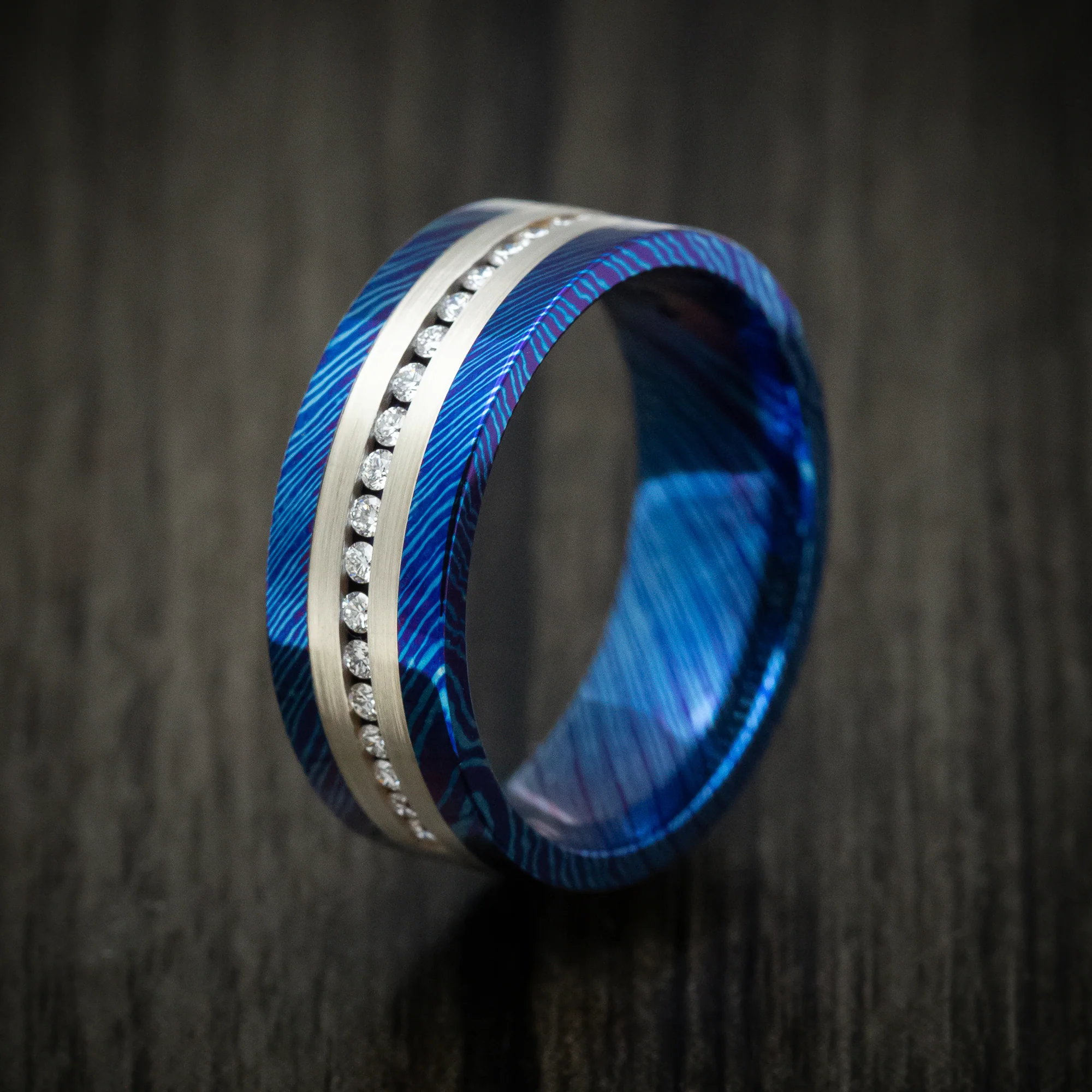 Kuro-Ti Heat-Treated Titanium Damascus Men's Ring with Silver Inlay and Half-Eternity Lab Diamonds Custom Made Ring - Image 4
