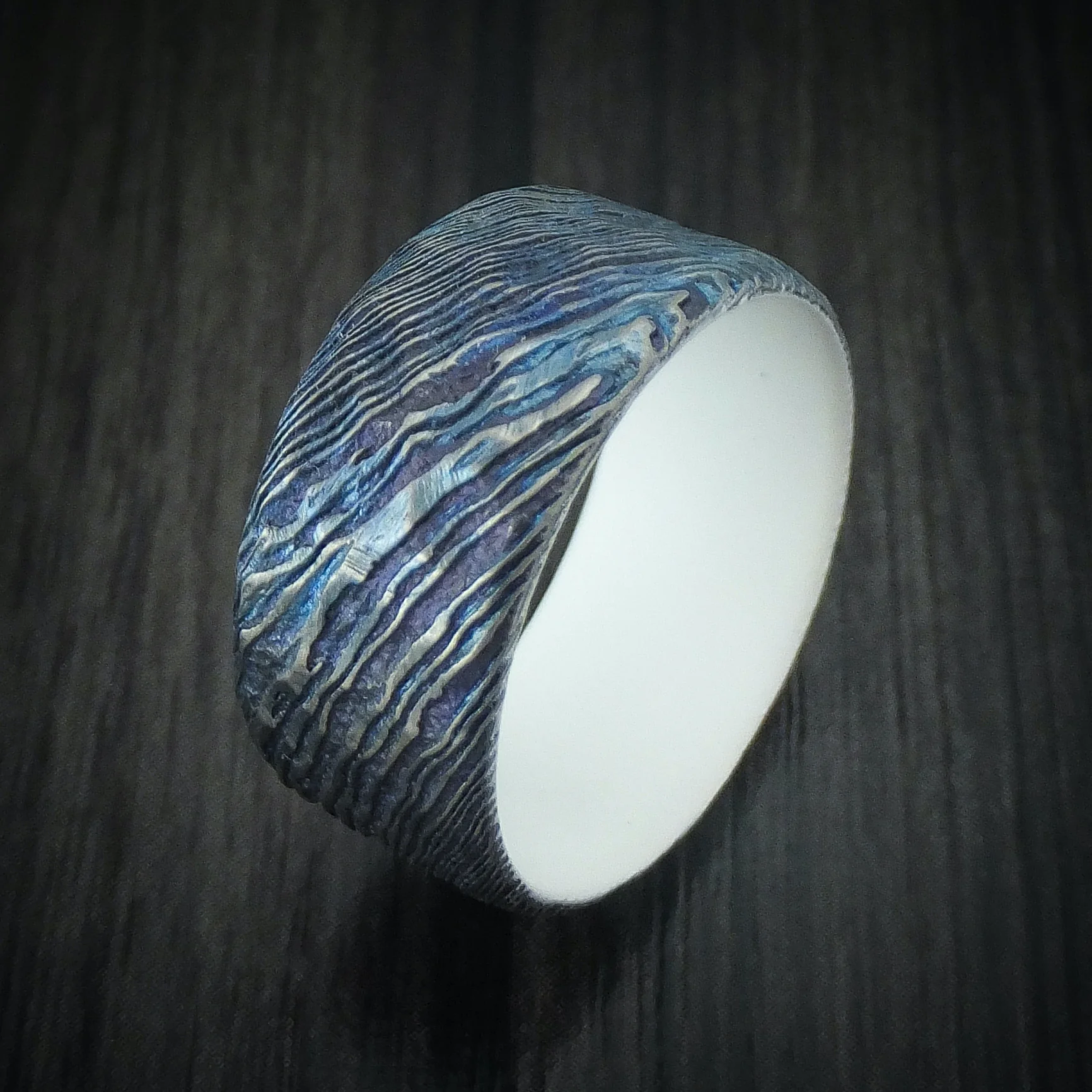 Kuro-Ti Heat-Treated Titanium Damascus Men's Ring Rock Hammer Finish with Cerakote Sleeve Custom Made Band - Image 4