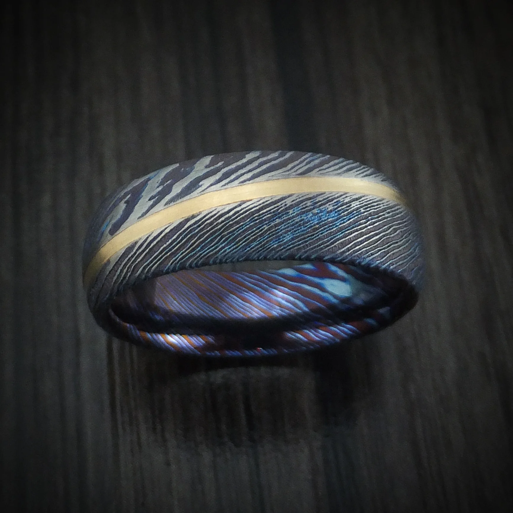 Kuro-Ti Heat-Treated Titanium Damascus Men's Ring with Angled 14K Gold Inlay Custom Made Band - Image 2