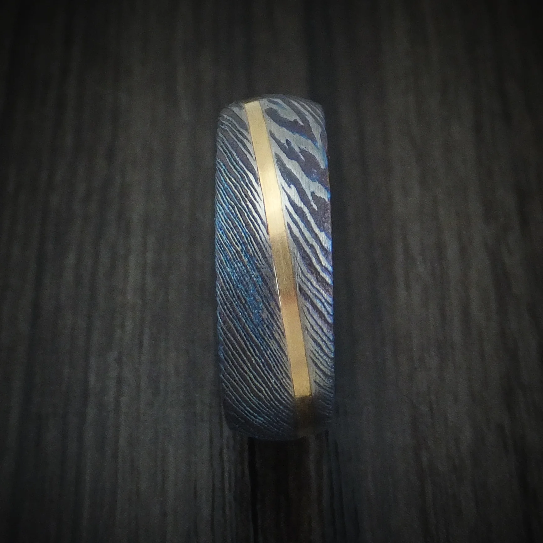 Kuro-Ti Heat-Treated Titanium Damascus Men's Ring with Angled 14K Gold Inlay Custom Made Band - Image 3