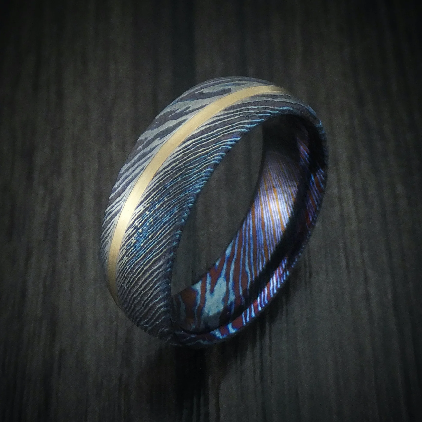 Kuro-Ti Heat-Treated Titanium Damascus Men's Ring with Angled 14K Gold Inlay Custom Made Band - Image 4