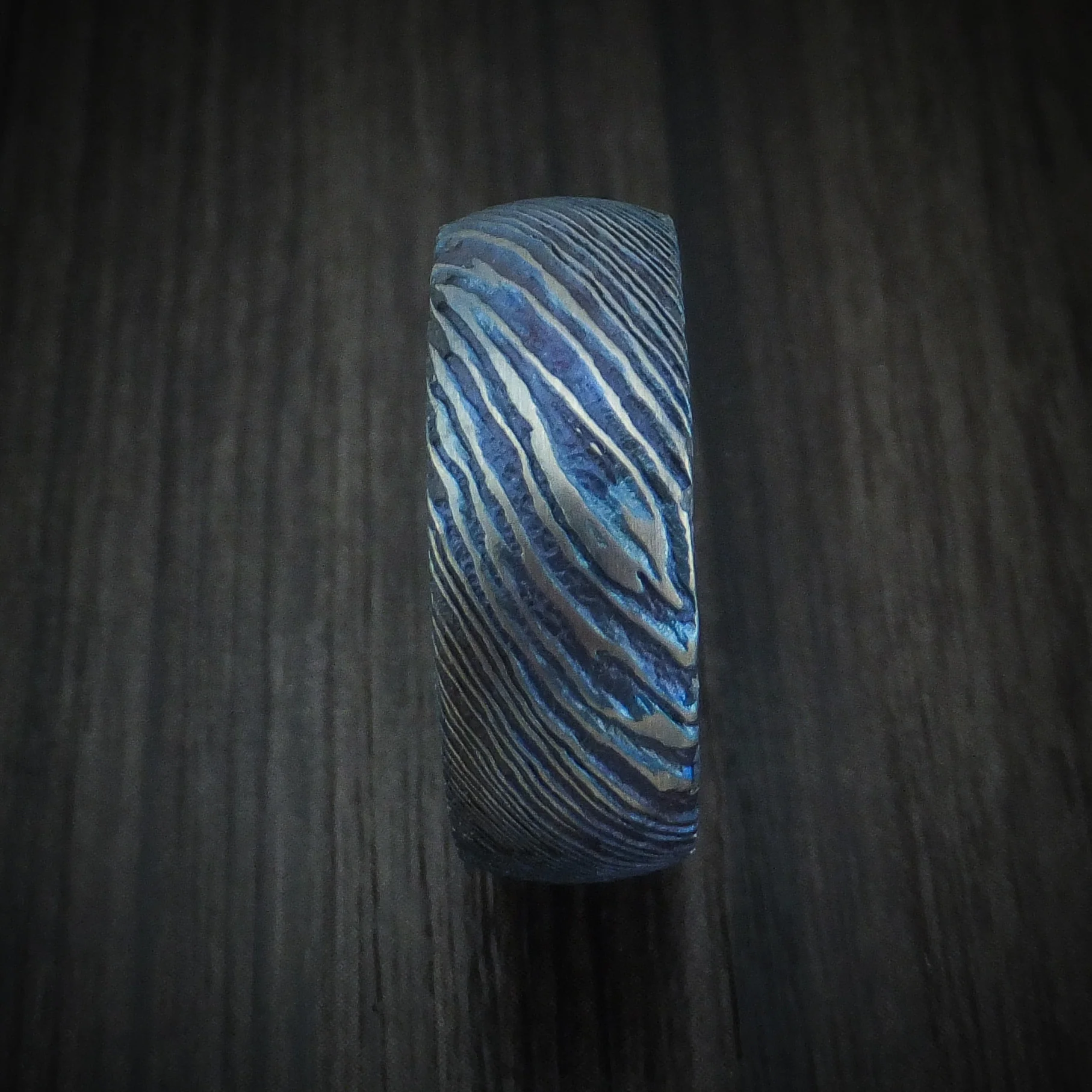Kuro-Ti Heat-Treated Titanium Damascus Men's Ring with Hardwood Sleeve Custom Made Band - Image 3