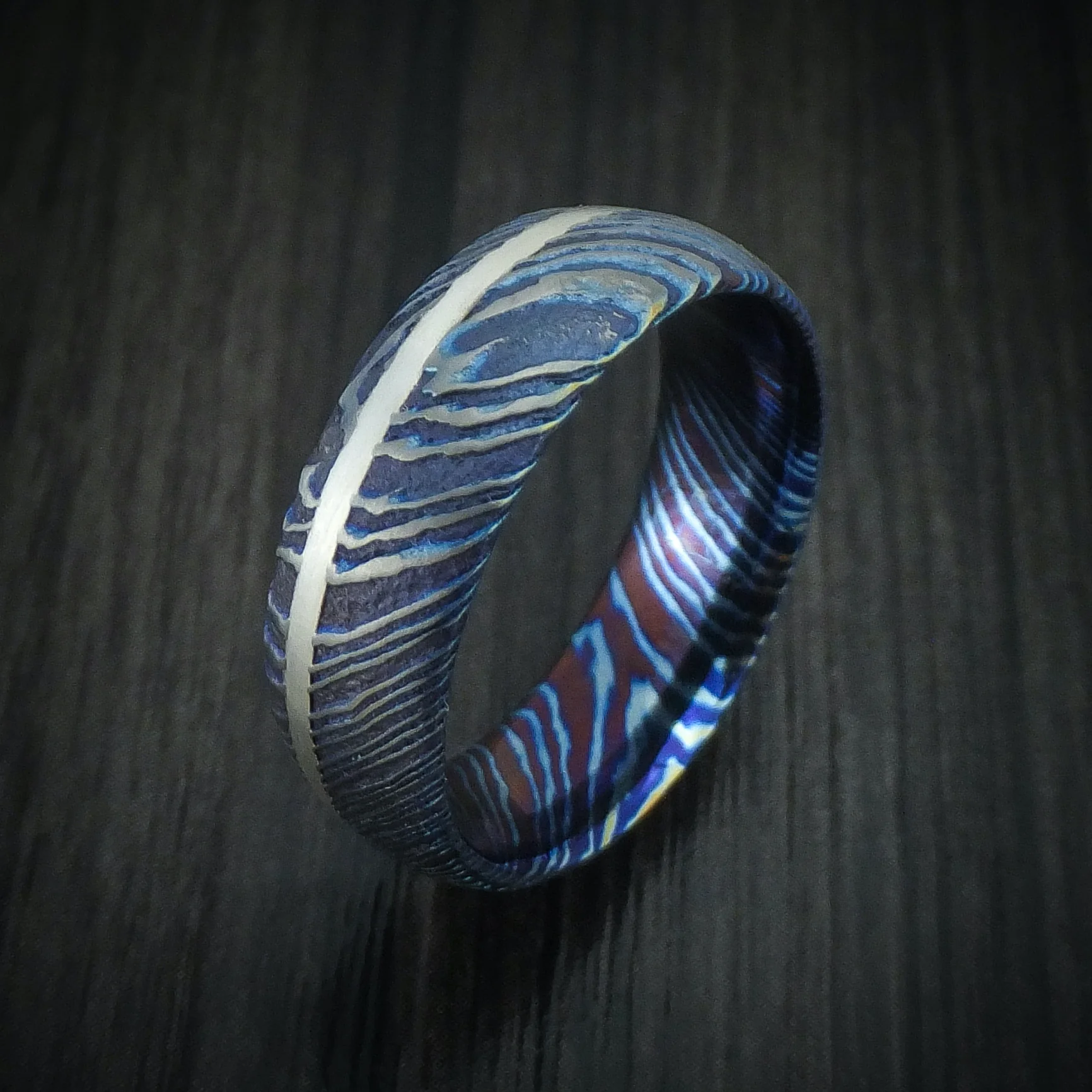 Kuro-Ti Heat-Treated Titanium Damascus Men's Ring with Silver Inlay Custom Made Band - Image 4