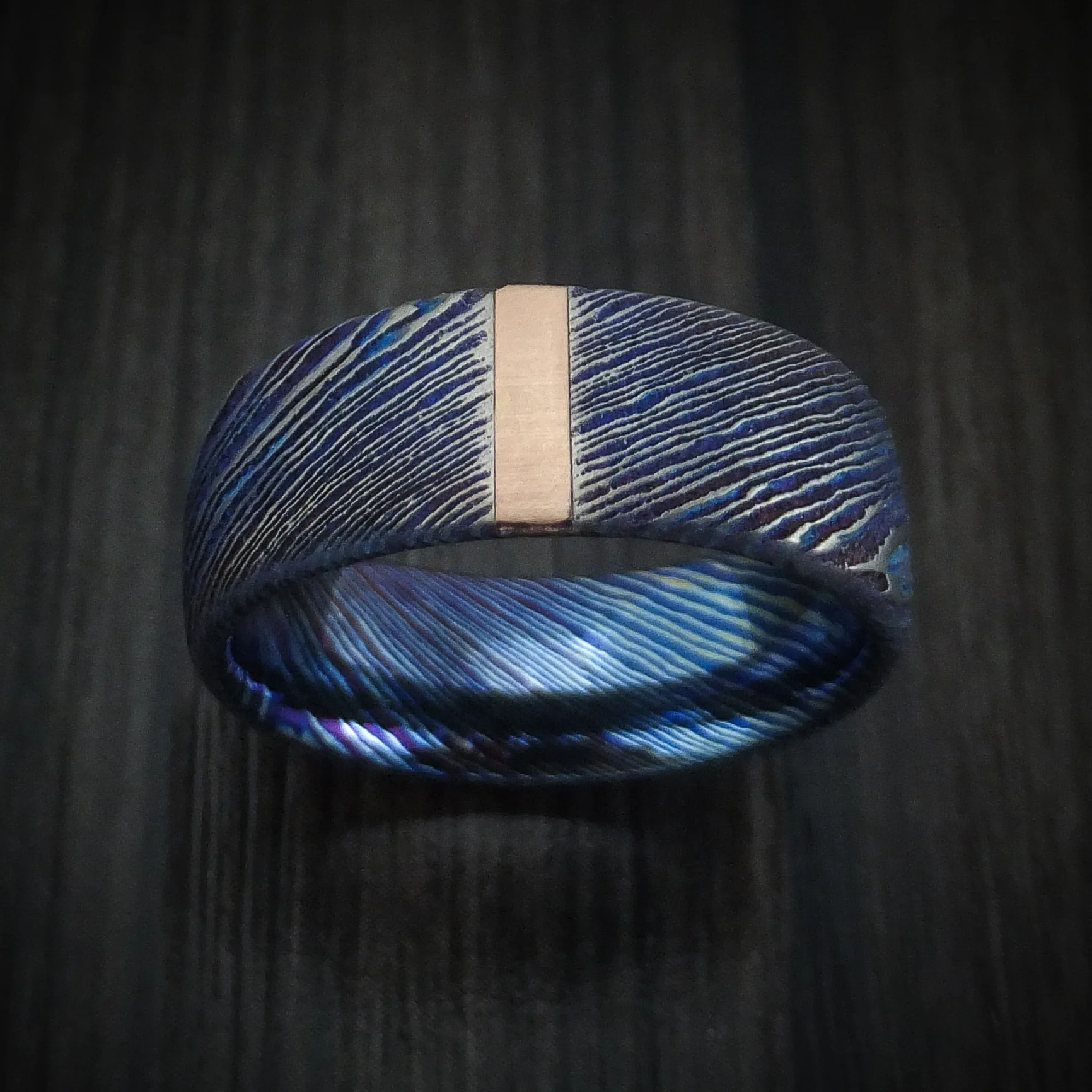 Kuro-Ti Heat-Treated Titanium Damascus Men's Ring with Vertical 14K Gold Inlay Custom Made Band - Image 2