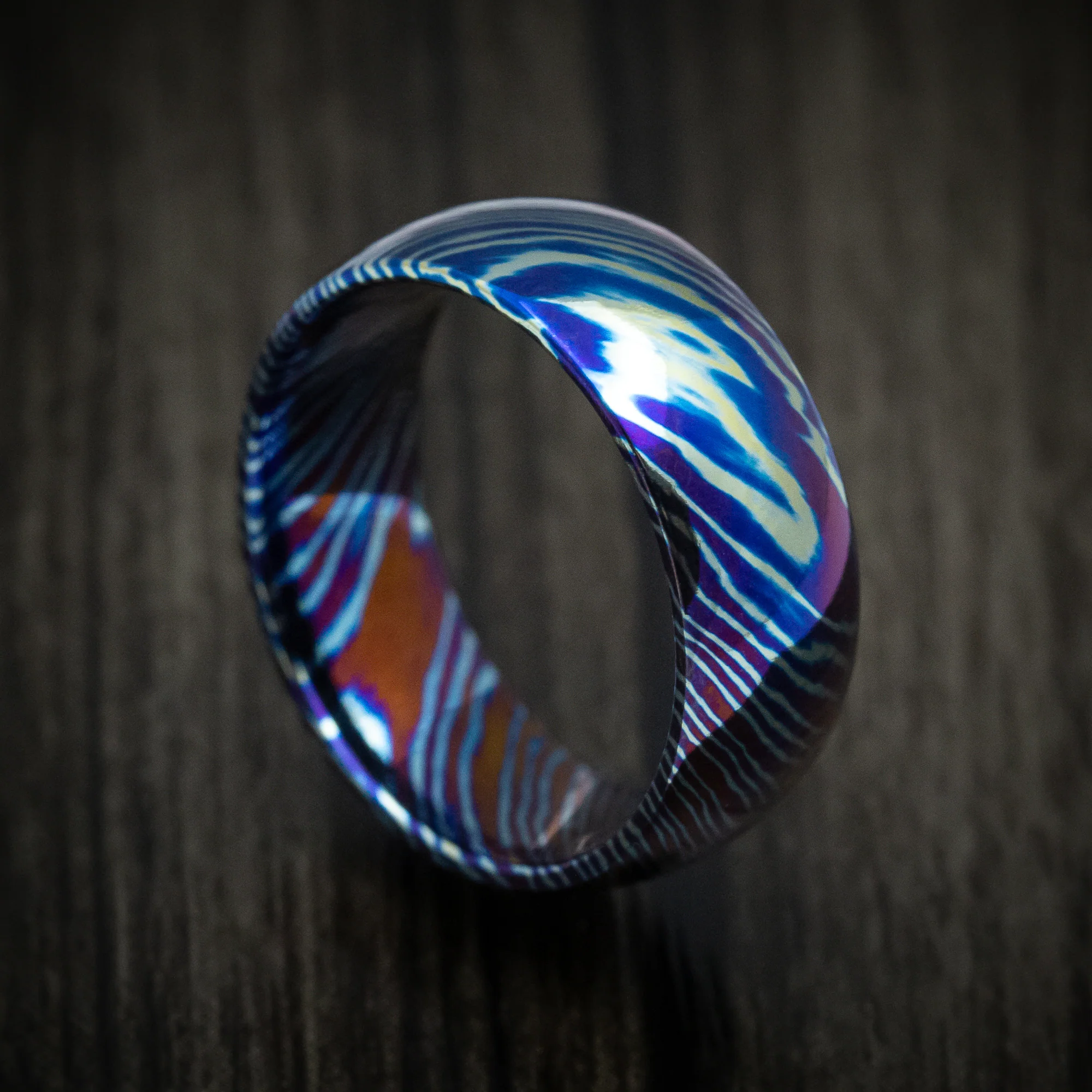 Kuro-Ti Heat-Treated Titanium Damascus Men's Ring Custom Made Band