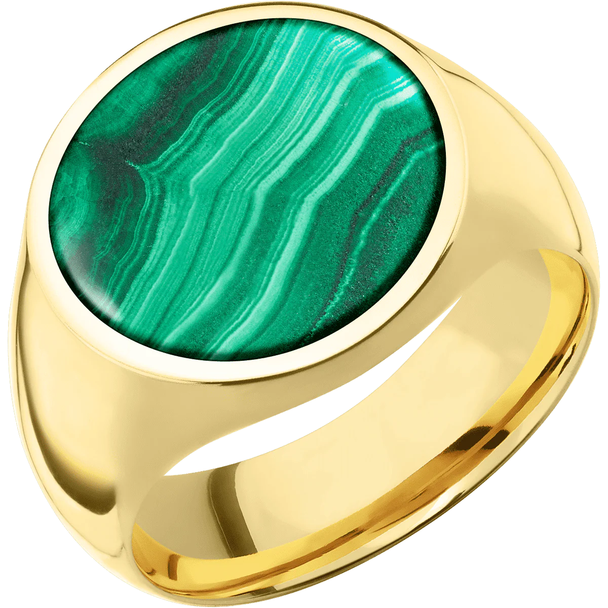 Large Circle signet ring (18mm) in 14K Yellow Gold, with a Wide style band, a Malachite inlay. - Image 2