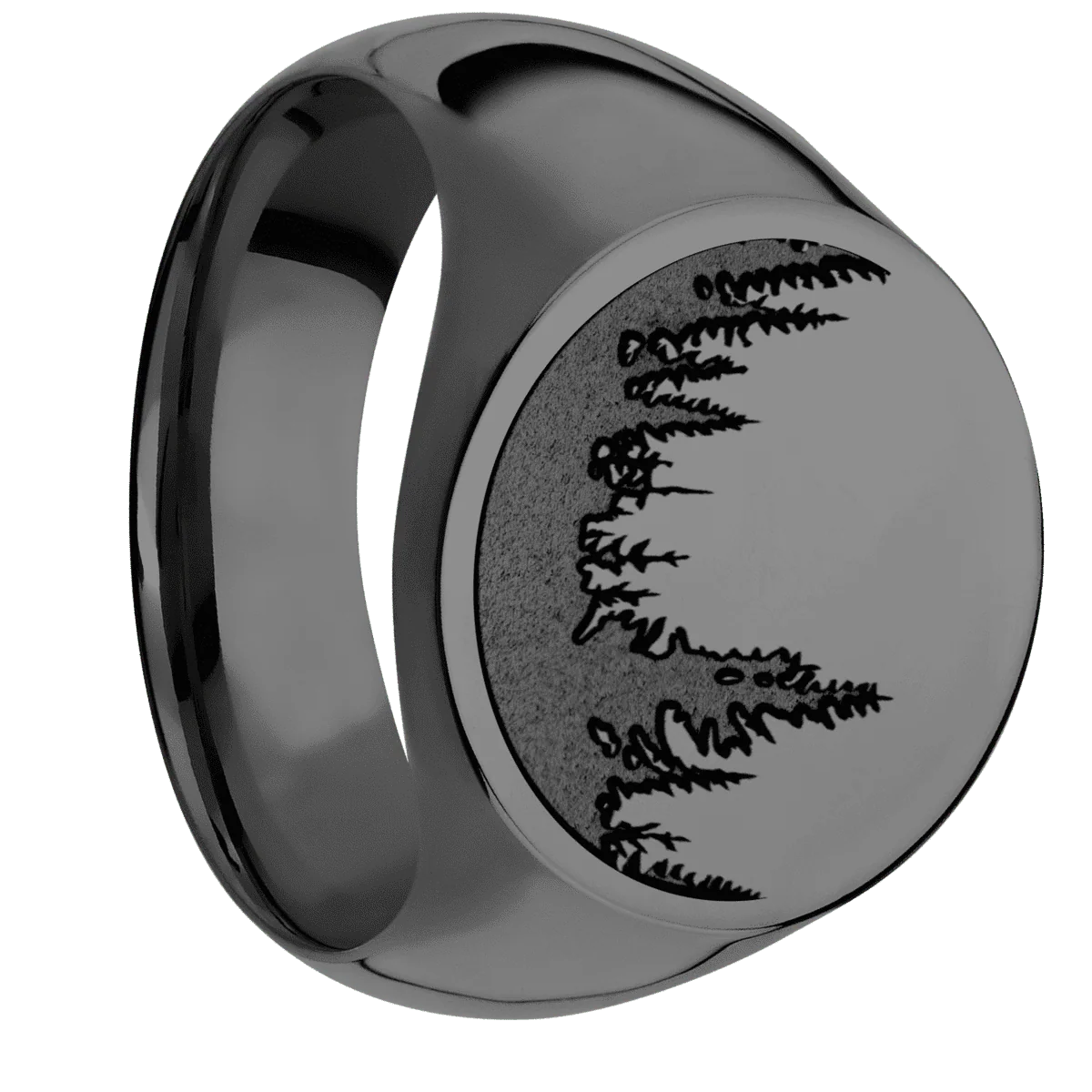 Large Circle signet ring (18mm) in Zirconium, with a Wide style band and a Trees engraving.
