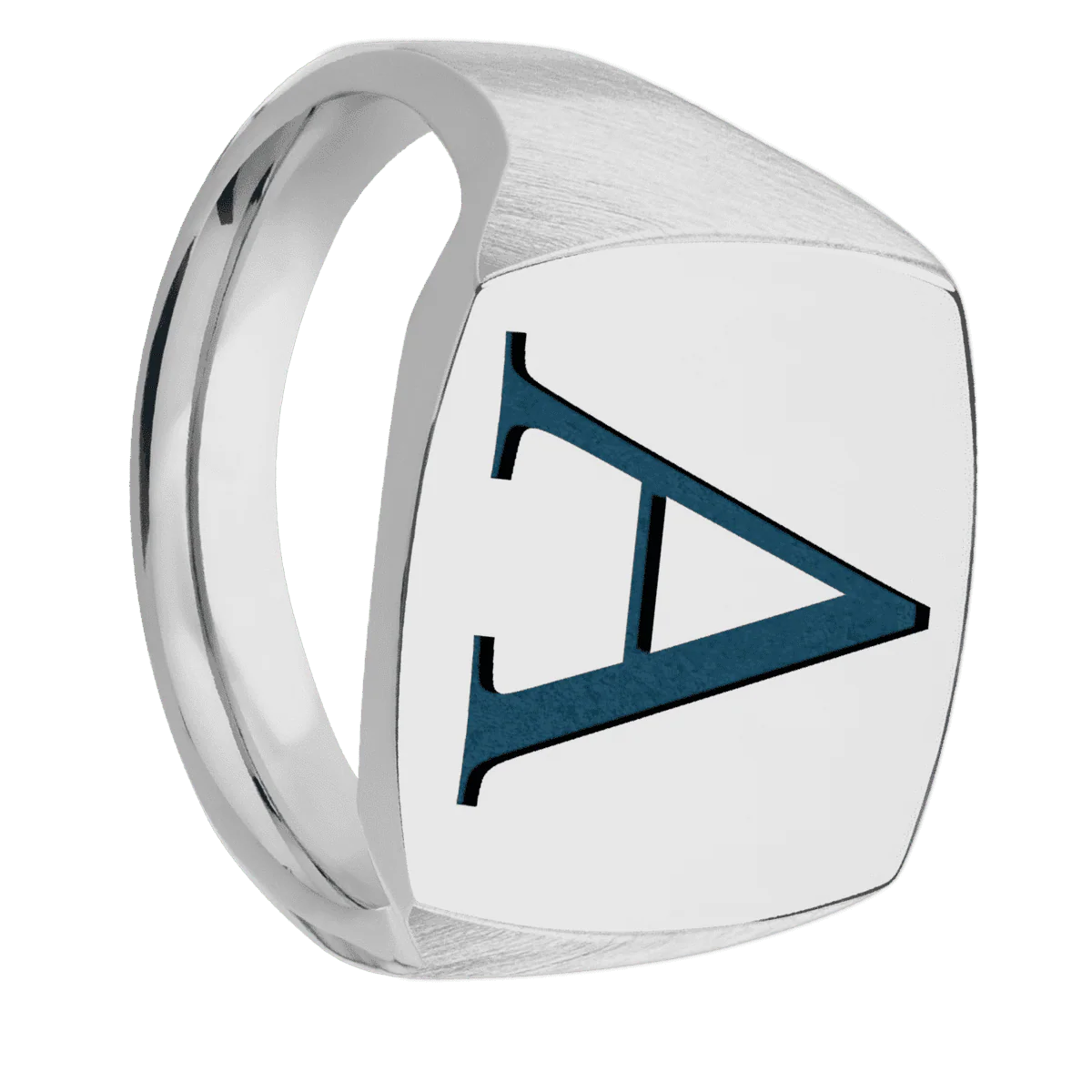 Large Cushion signet ring (18x18mm) in Titanium, with a Thin style band and a Book Antiqua 1 engraving.