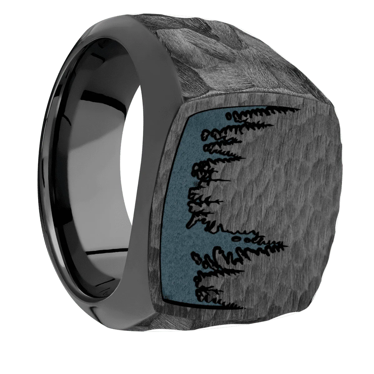 Large Cushion signet ring (18x18mm) in Zirconium, with a Wide style band and a Trees engraving.