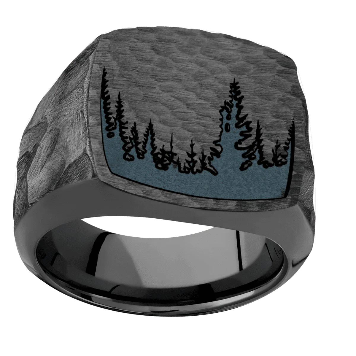 Large Cushion signet ring (18x18mm) in Zirconium, with a Wide style band and a Trees engraving. - Image 3