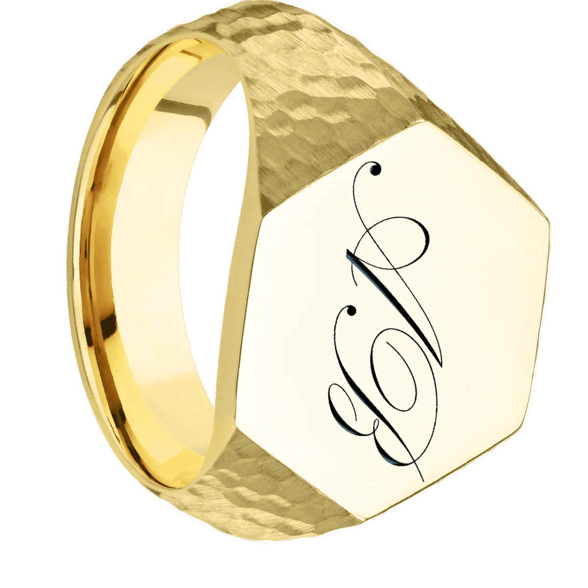 Large Hexagon signet ring (18.5x16mm) in 18K Yellow Gold, with a Wide style band and a Kunstler Script 2 engraving.