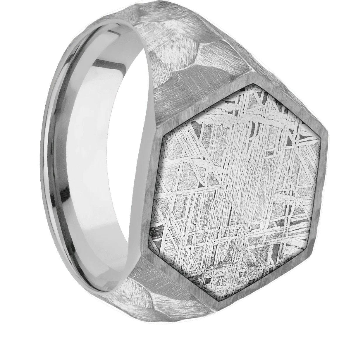 Large Hexagon signet ring (18.5x16mm) in Titanium, with a Wide style band, a Meteorite inlay.