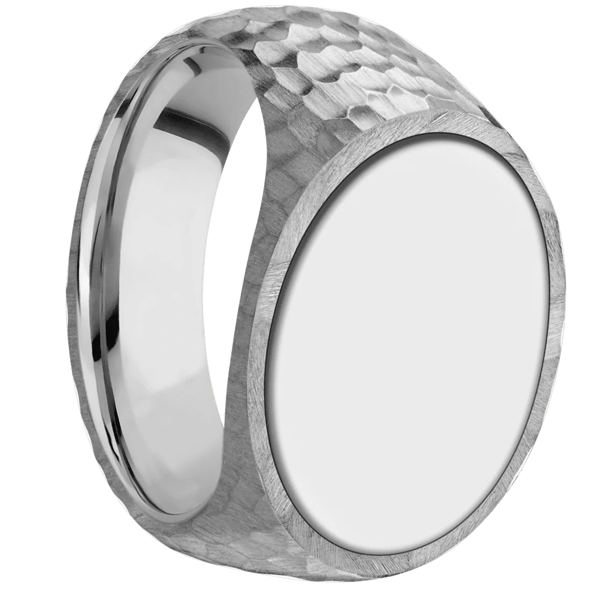 Large Horizontal Oval signet ring (20x16mm) in Platinum, with a Wide style band, a 18K White Gold inlay.