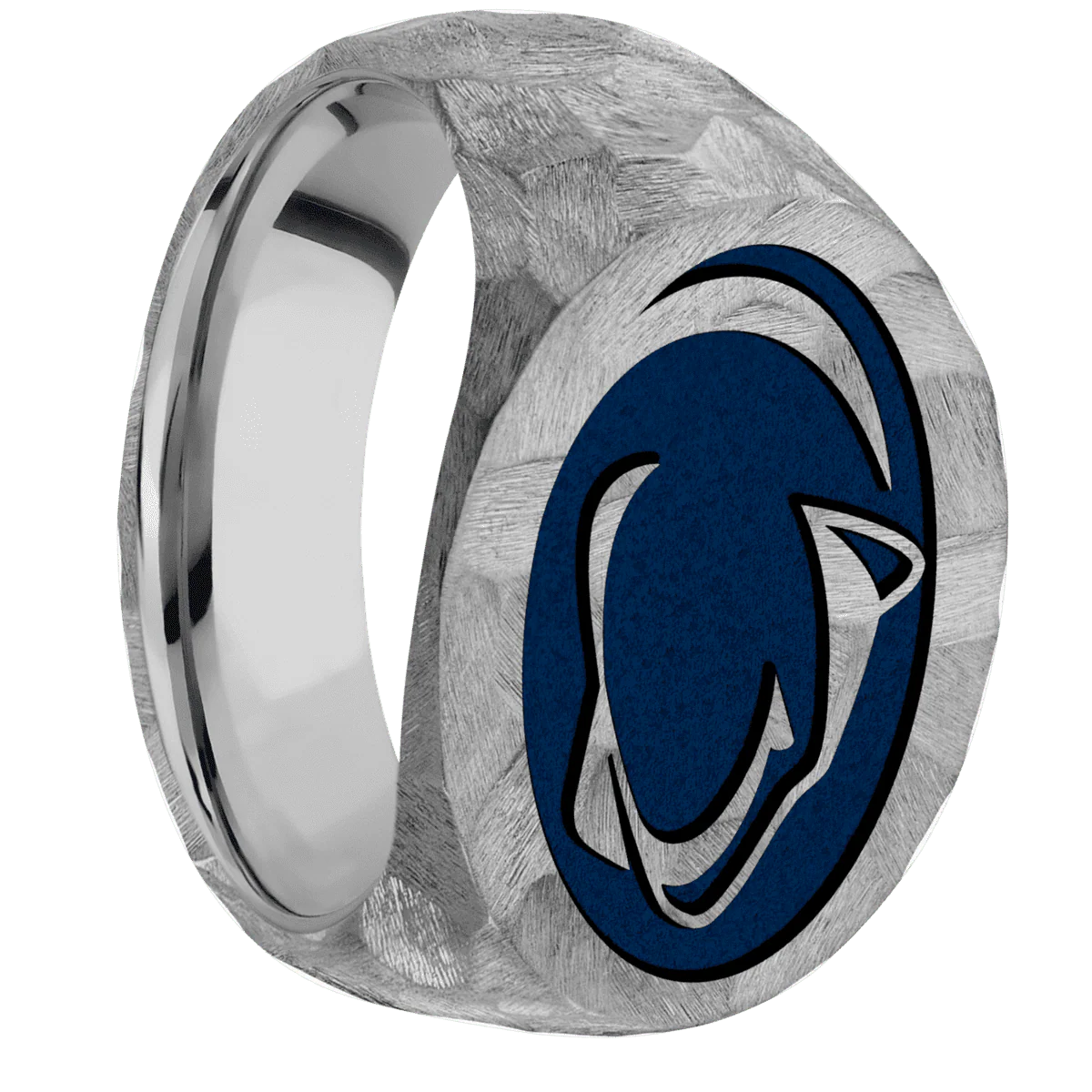Large Horizontal Oval signet ring (20x16mm) in Titanium, with a Wide style band and a Penn State Lion Head engraving.