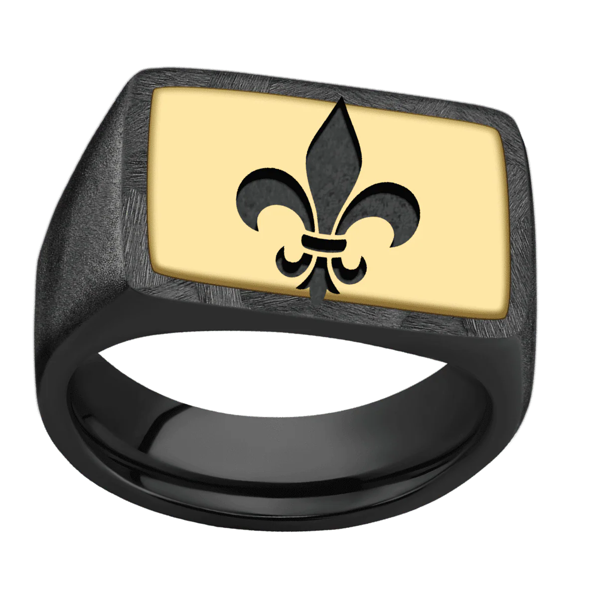 Large Horizontal Rectangle signet ring (20x14.5mm) in Zirconium, with a Wide style band, a 14K Yellow Gold inlay and a Fleur De Lis engraving. - Image 3