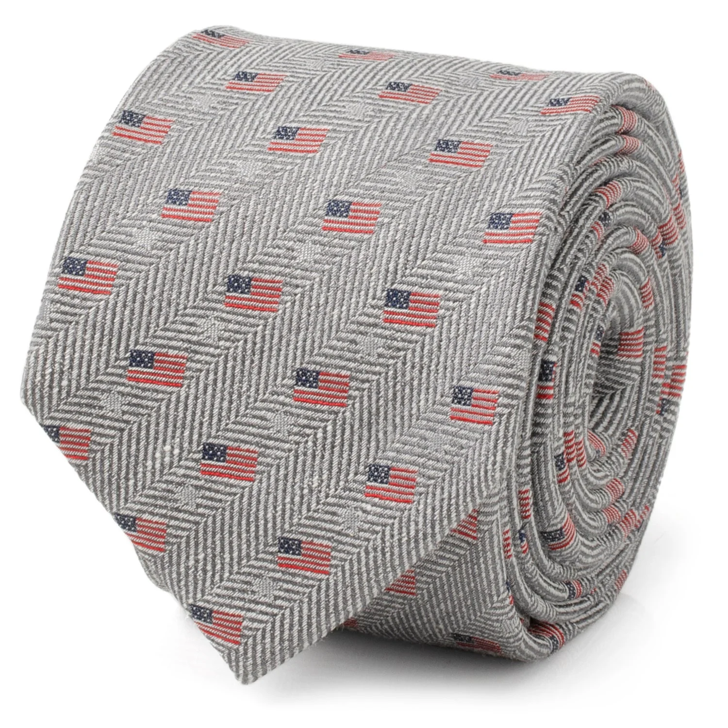 Light Gray Herringbone American Flag Men's Tie