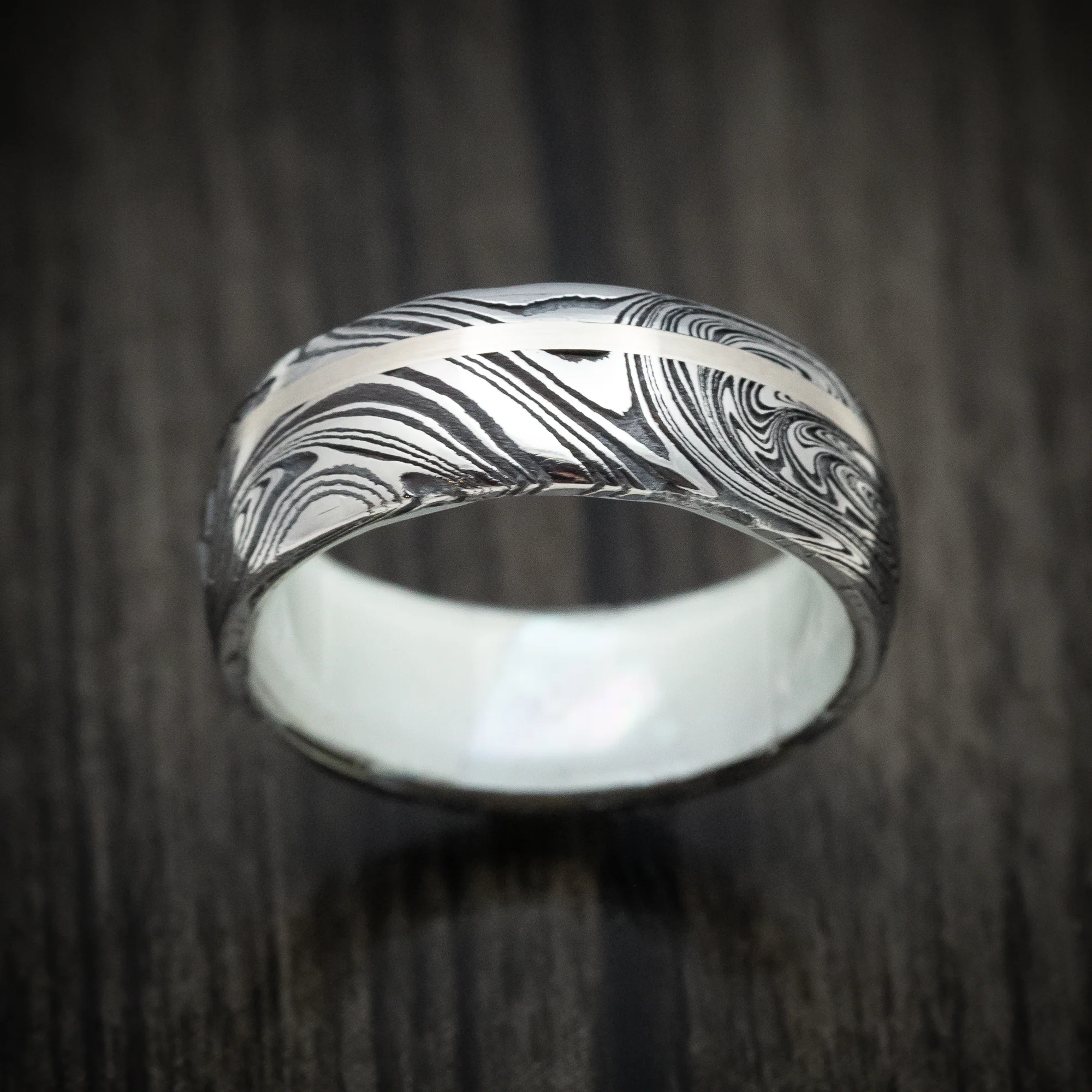 Marble Damascus Steel Men's Ring with White Mother of Pearl Sleeve and Gold Inlay Custom Made Band - Image 2