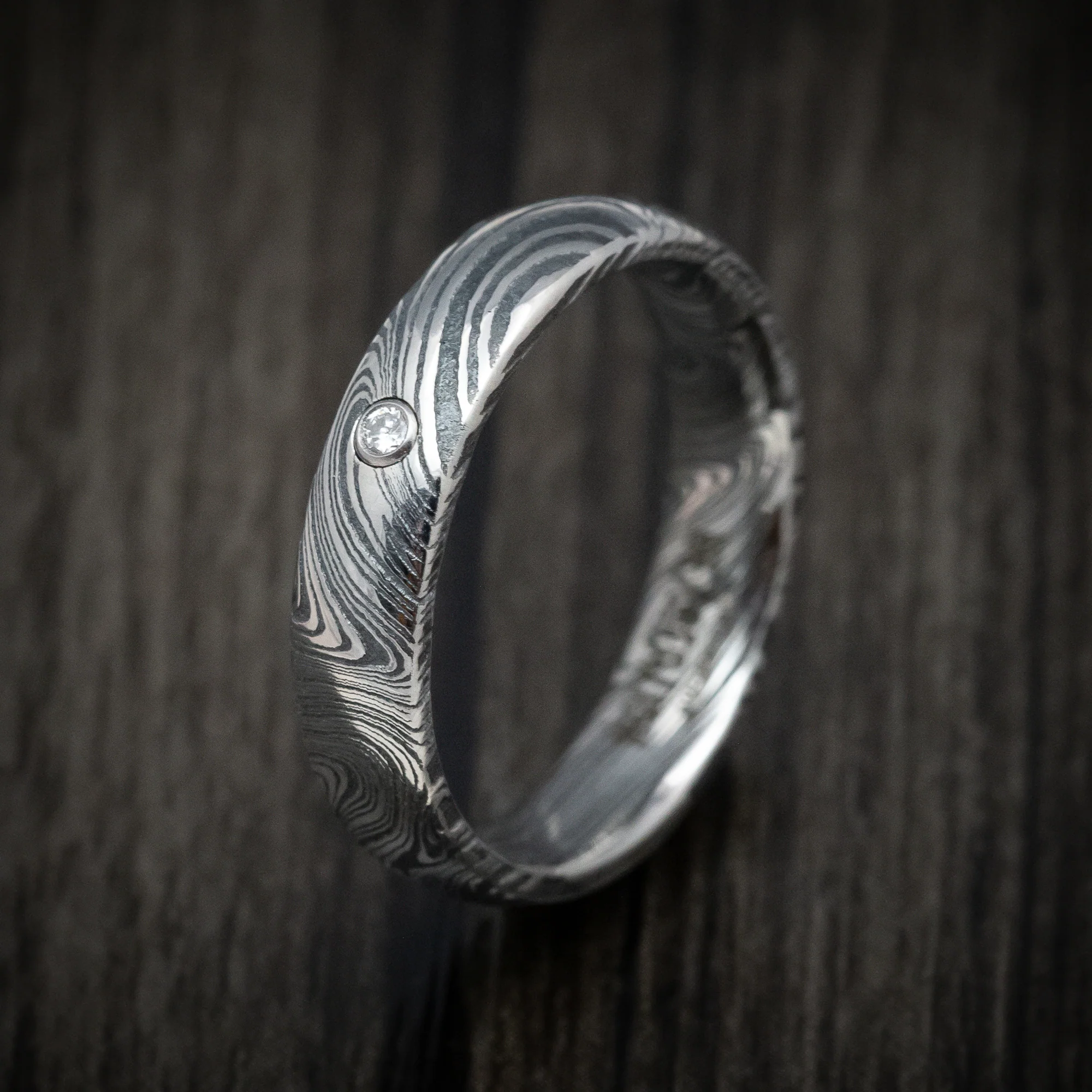 Marble Kuro Damascus Steel Men's Ring with Round Diamond Custom Made - Image 4