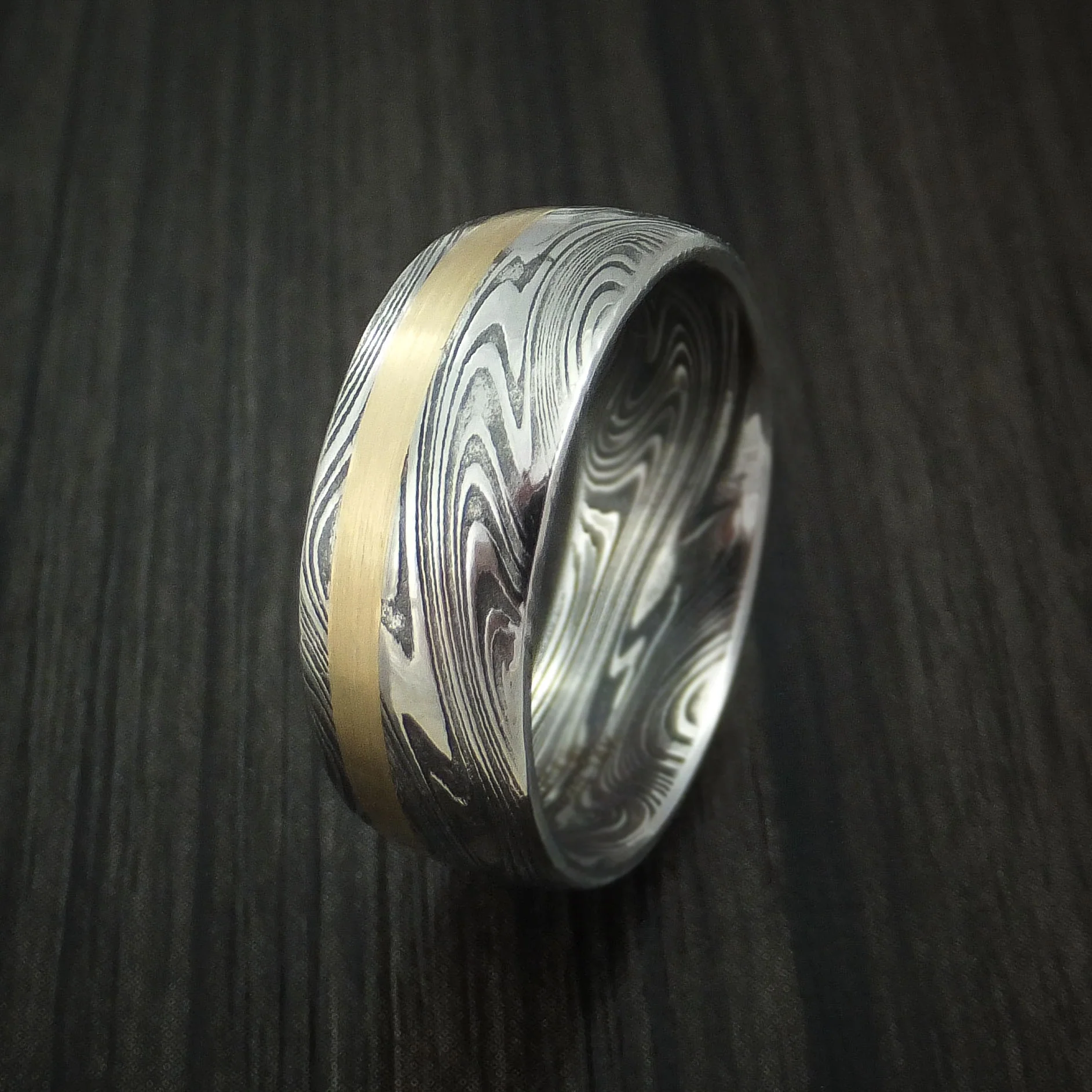 Marbled Kuro Damascus Steel and 14k Rose Gold Men's Ring Wedding Band Custom Made - Image 4
