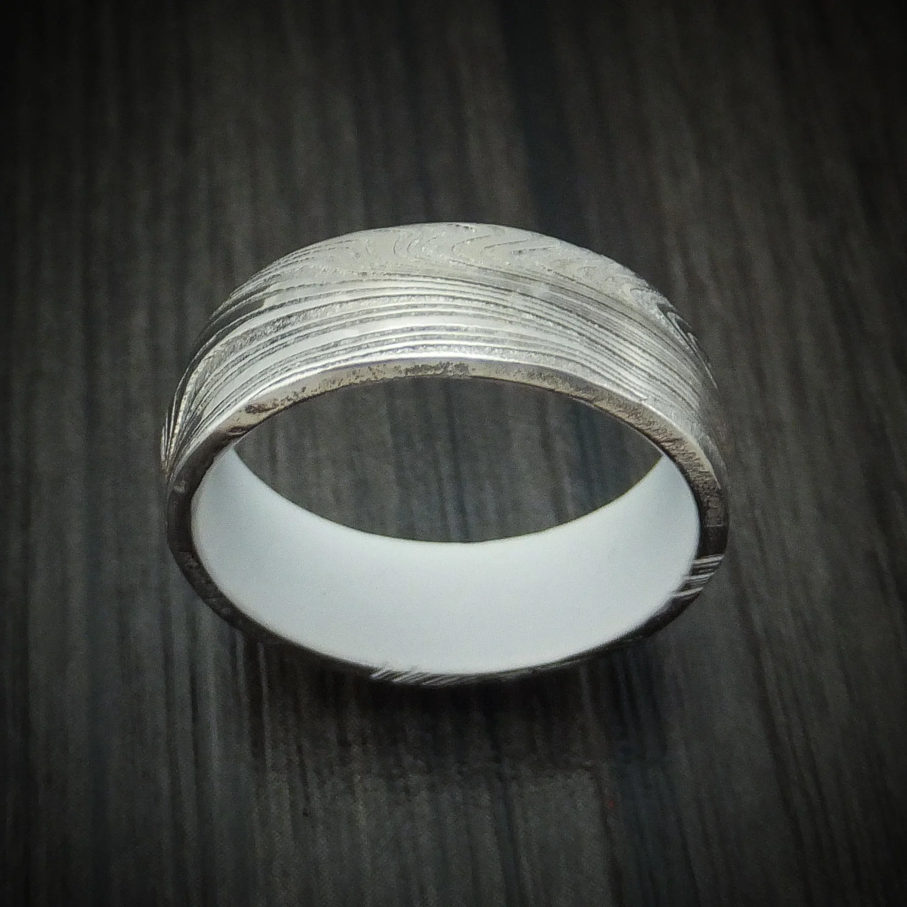 Marbled Kuro Damascus Steel Men's Ring with Cerakote Sleeve Custom Made - Image 2