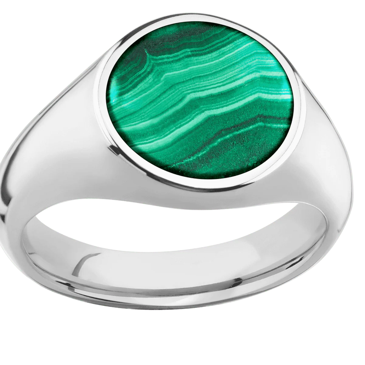 Medium Circle signet ring (14mm) in Palladium Silver, with a Wide style band, a Malachite inlay. - Image 3