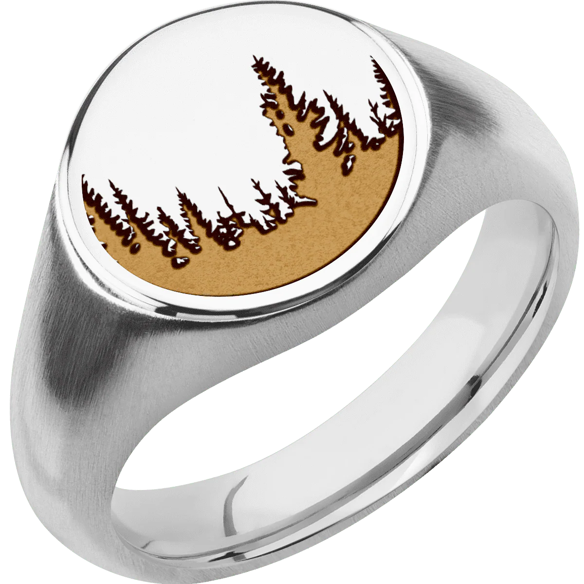 Medium Circle signet ring (14mm) in Palladium Silver, with a Wide style band and a Trees engraving. - Image 2