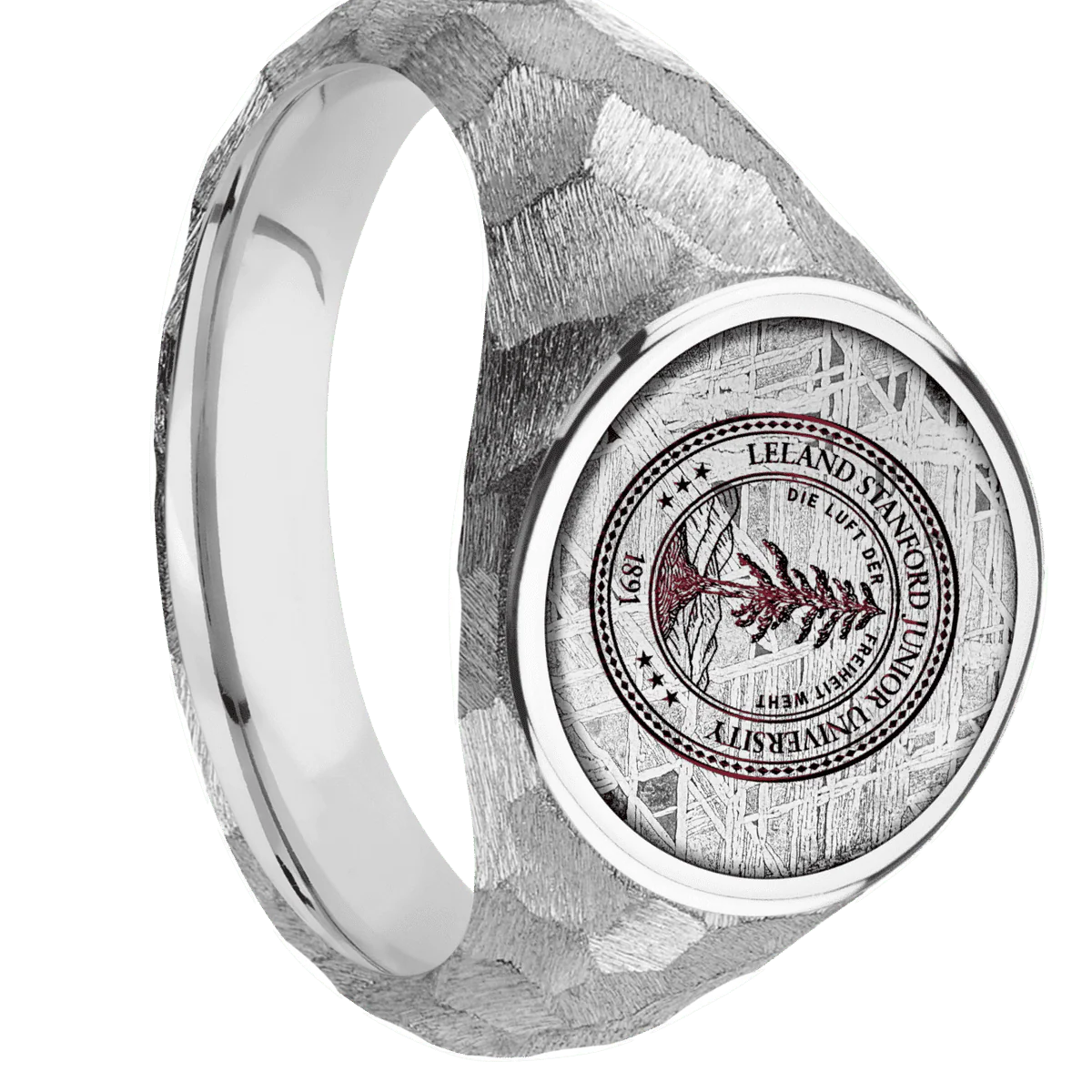 Medium Circle signet ring (14mm) in Platinum, with a Wide style band, a Meteorite inlay and a Stanford University Seal engraving.