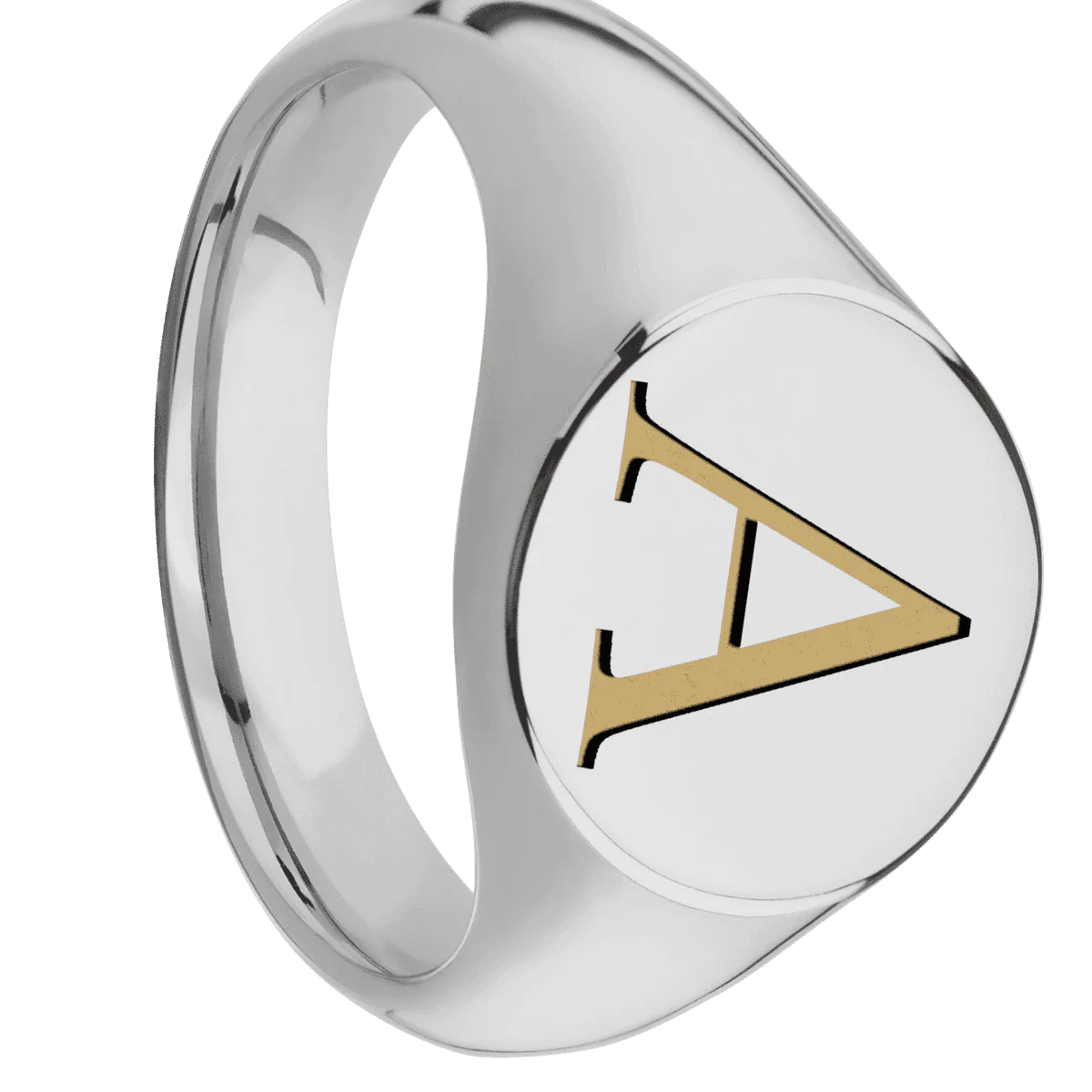 Medium Circle signet ring (14mm) in Titanium, with a Wide style band and a Book Antiqua 1 engraving.