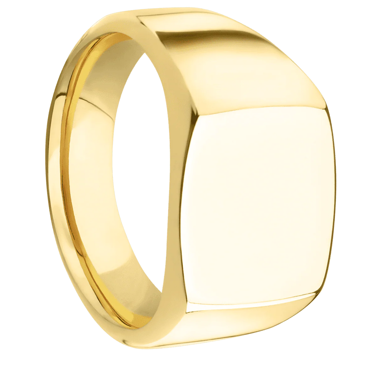 Medium Cushion signet ring (14x14mm) in 10K Yellow Gold, with a Wide style band.