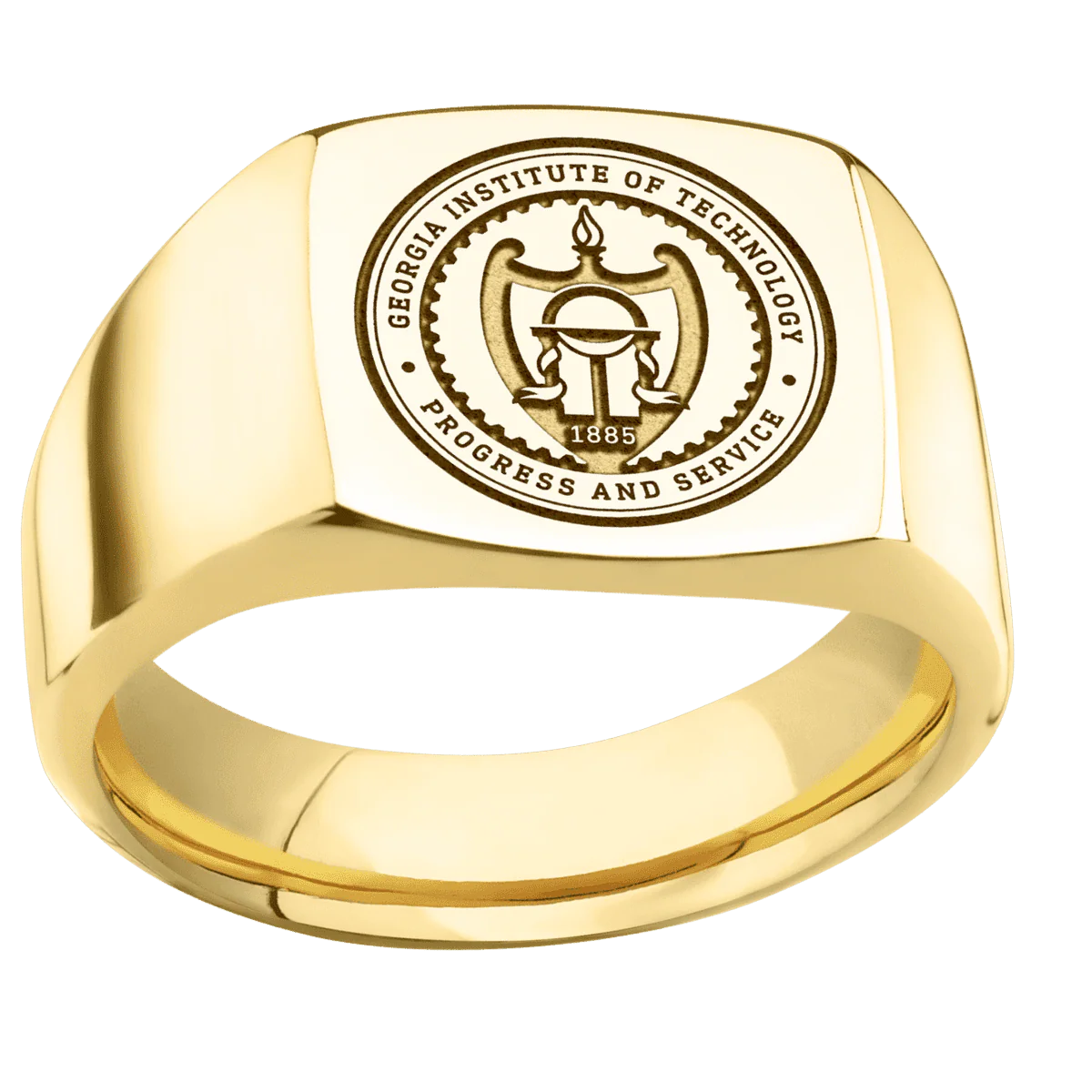 Medium Cushion signet ring (14x14mm) in 10K Yellow Gold, with a Wide style band and a Georgia Tech University Seal engraving. - Image 3