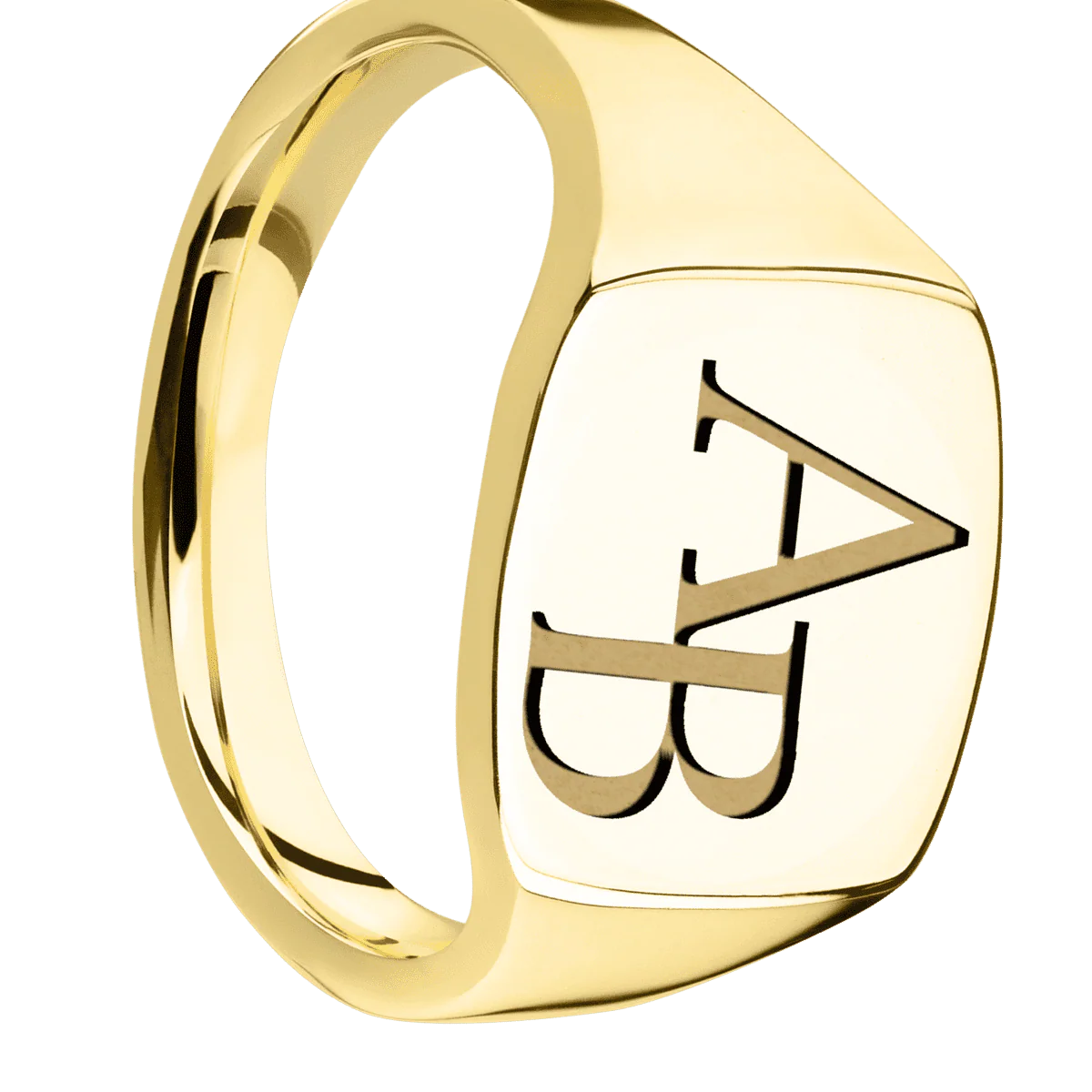 Medium Cushion signet ring (14x14mm) in 14K Yellow Gold, with a Thin style band and a Book Antiqua 2 engraving.