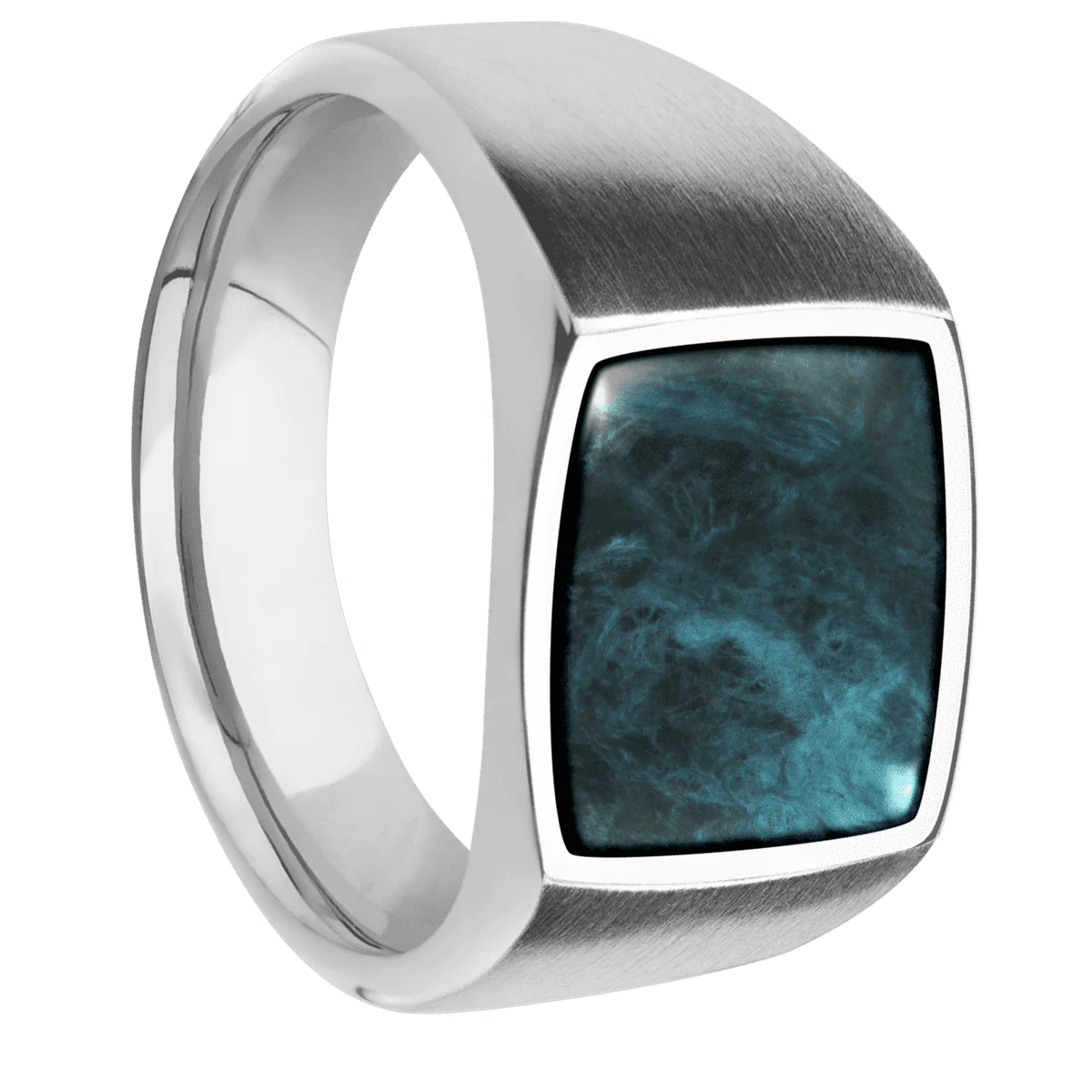 Medium Cushion signet ring (14x14mm) in Cobalt Chrome, with a Wide style band, a Washington Blue Jade inlay.