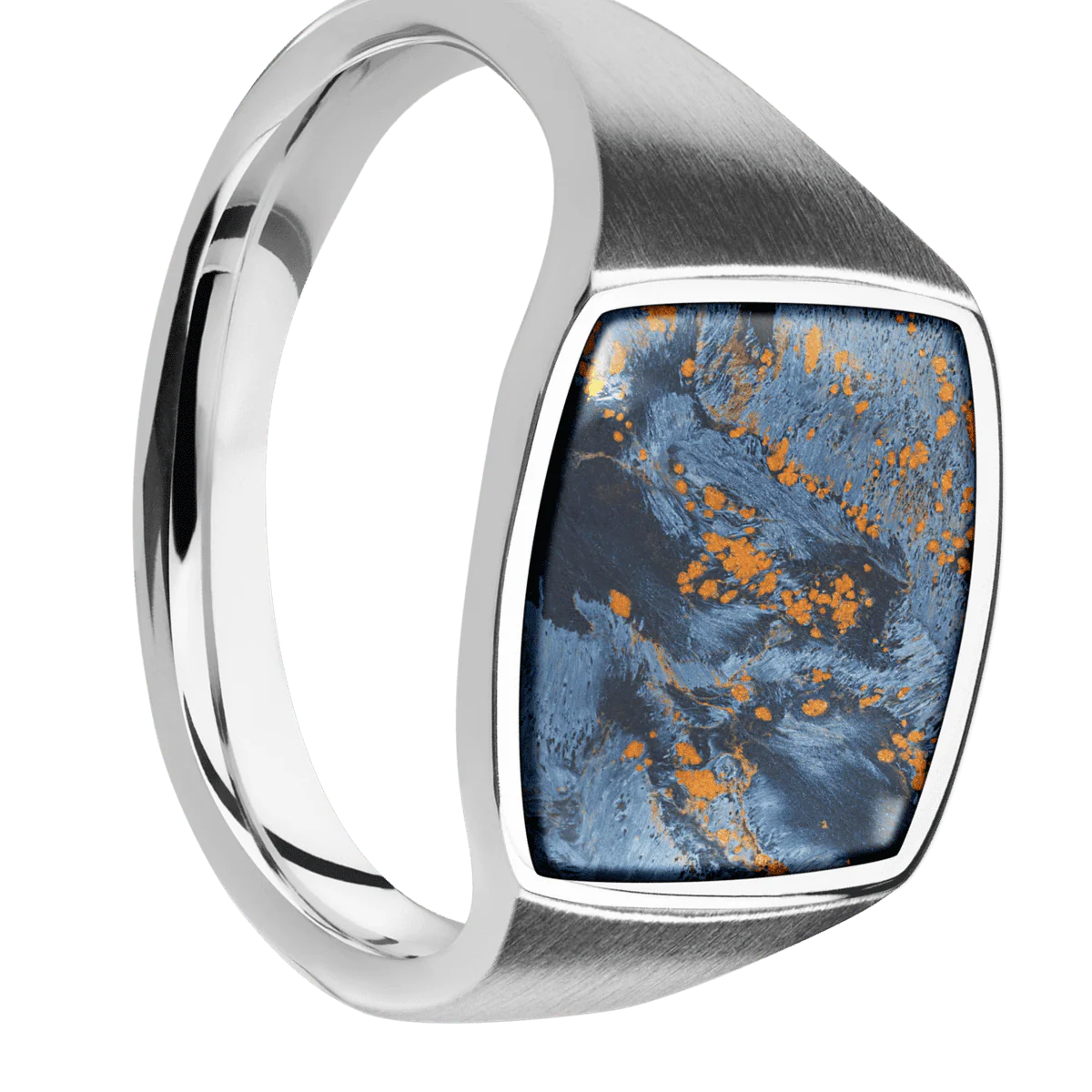 Medium Cushion signet ring (14x14mm) in Palladium Silver, with a Thin style band, a Pietersite inlay.