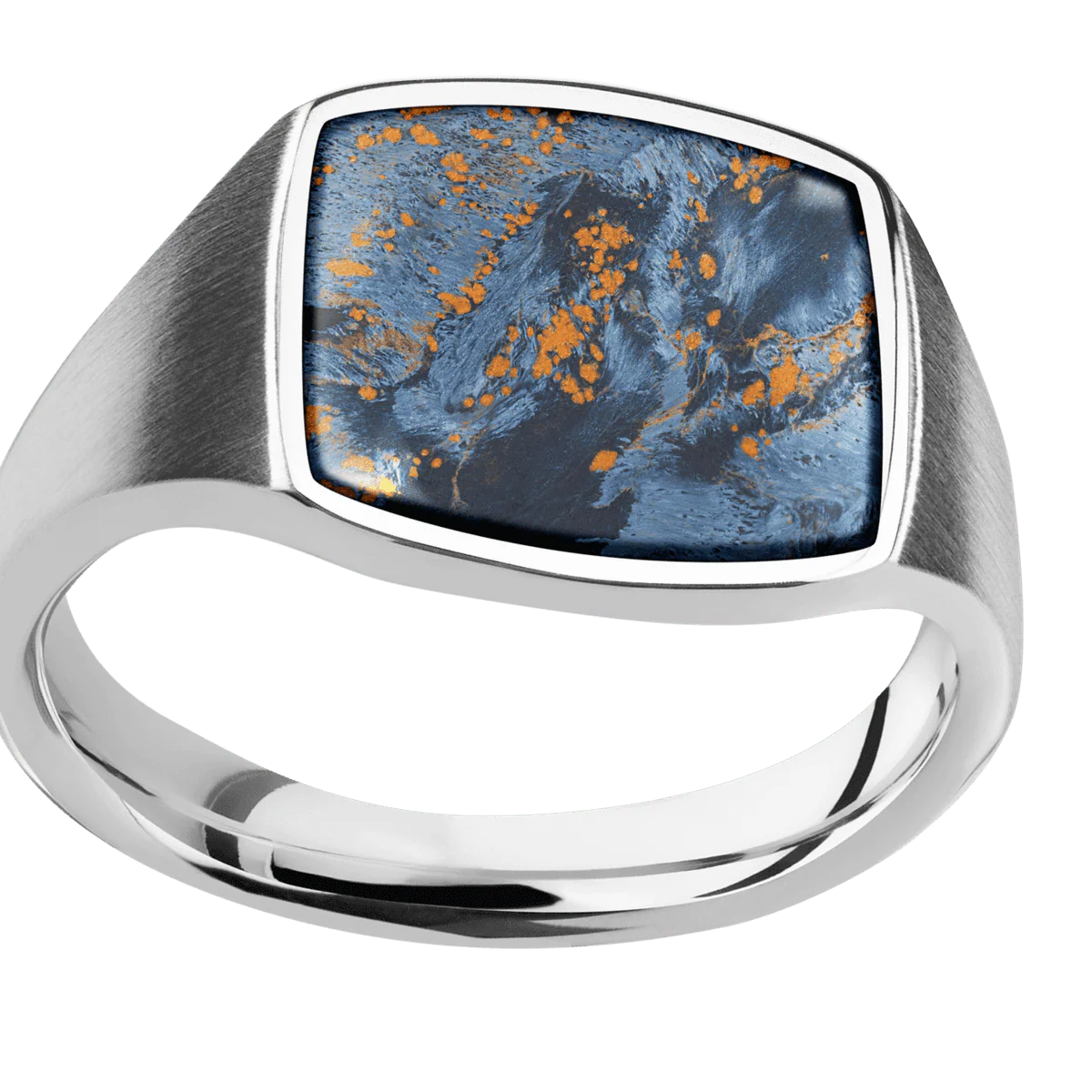 Medium Cushion signet ring (14x14mm) in Palladium Silver, with a Thin style band, a Pietersite inlay. - Image 3