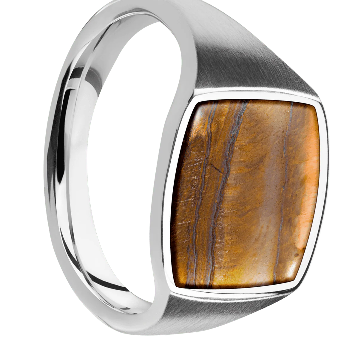Medium Cushion signet ring (14x14mm) in Palladium Silver, with a Thin style band, a Tigers Eye inlay.