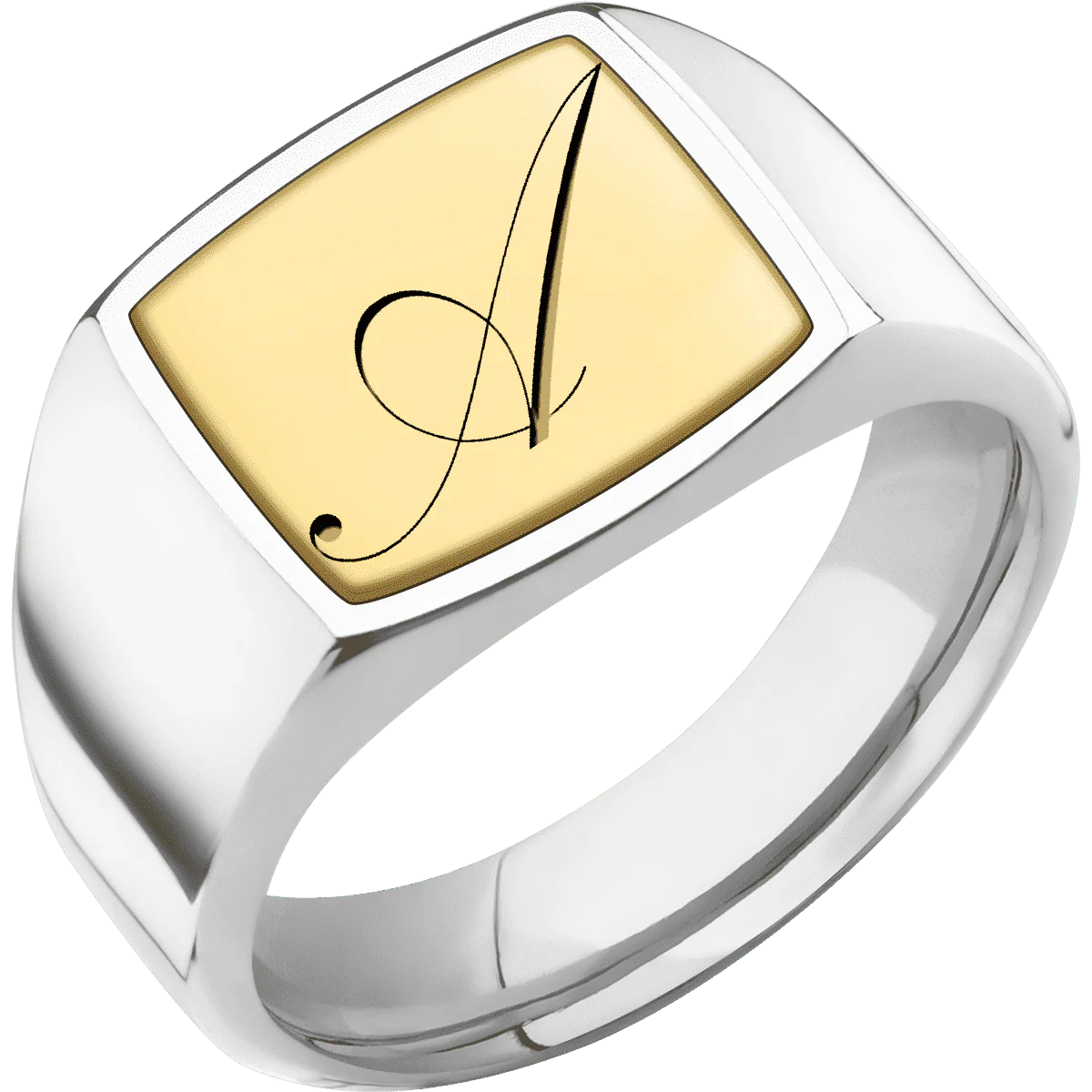 Medium Cushion signet ring (14x14mm) in Palladium Silver, with a Wide style band, a 14K Yellow Gold inlay and a Kunstler Script 1 engraving. - Image 2